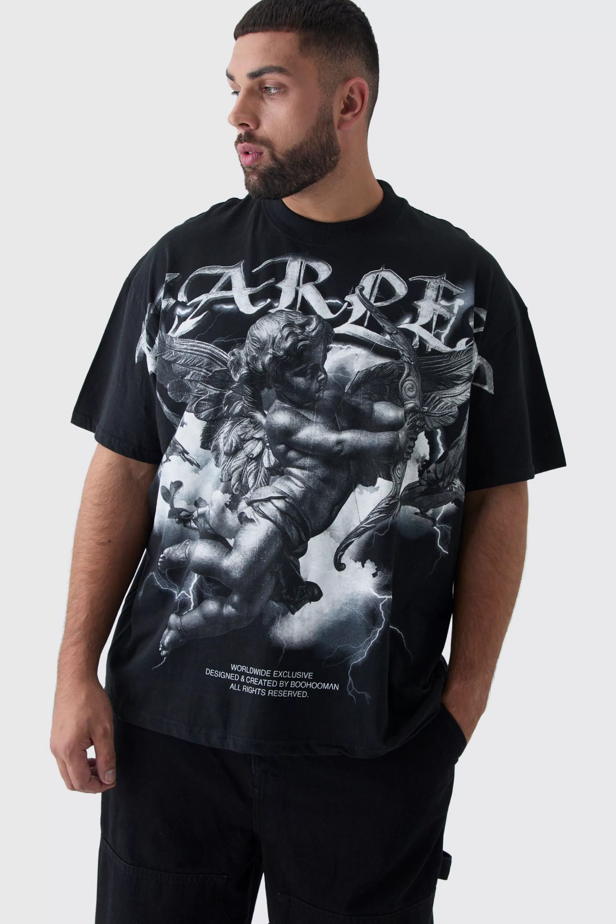 boohooMAN Plus Oversized Extended Neck Cherub Large Scale Print T-Shirt | UK black Clearance
