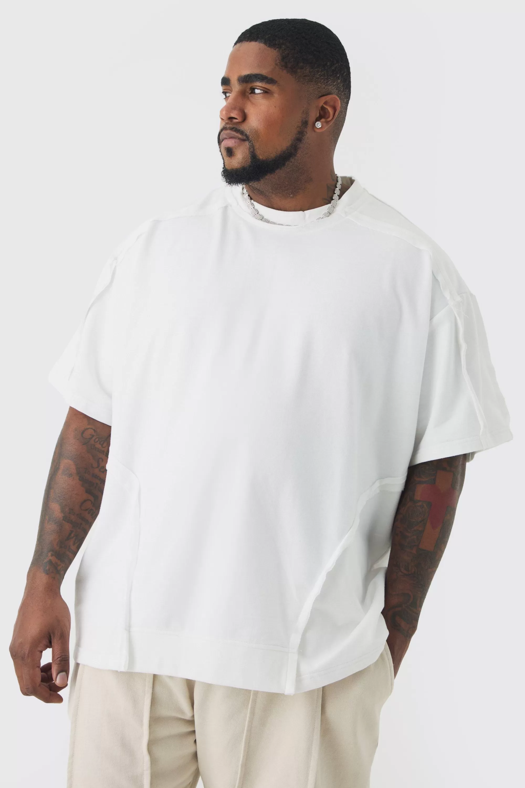 boohooMAN Plus Oversized Extended Neck Distressed Seam T-shirt | UK white Online