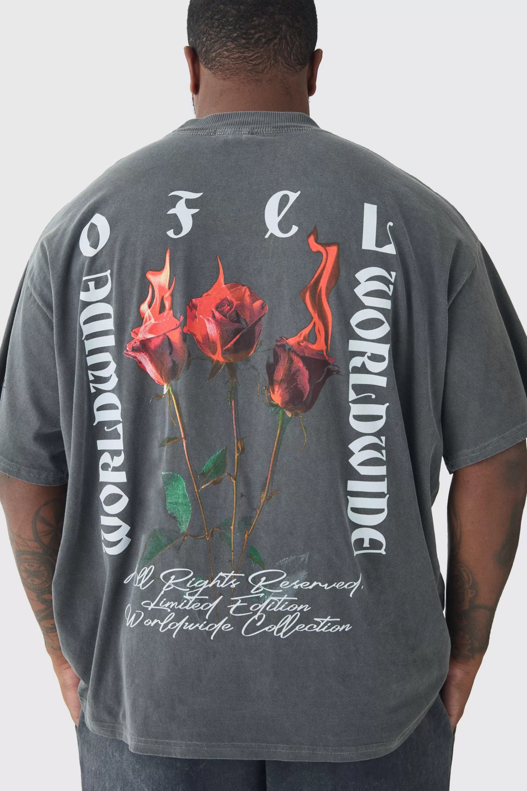 boohooMAN Plus Oversized Extended Neck Flame Rose Print Washed T-shirt | UK charcoal Online