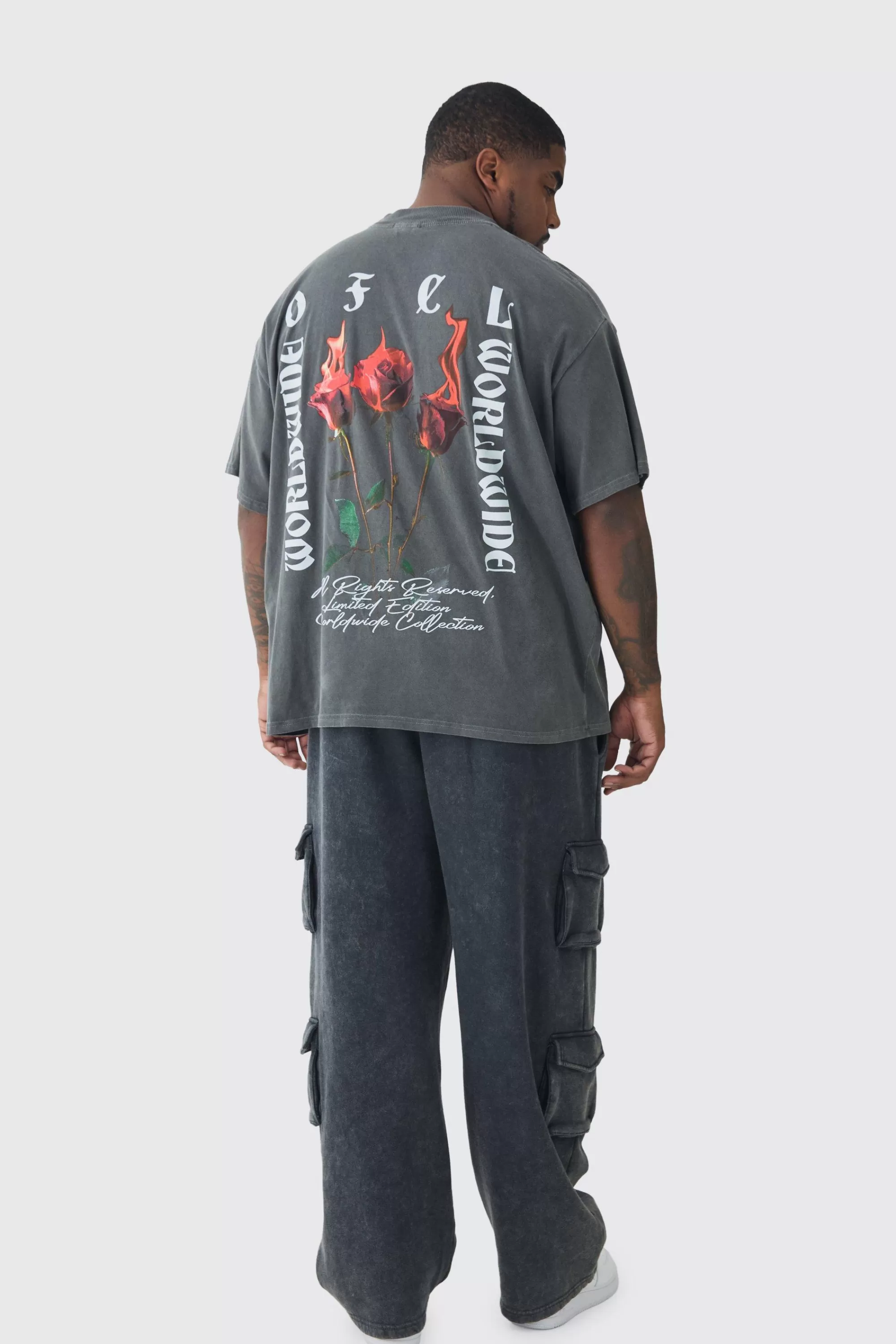 boohooMAN Plus Oversized Extended Neck Flame Rose Print Washed T-shirt | UK charcoal Online