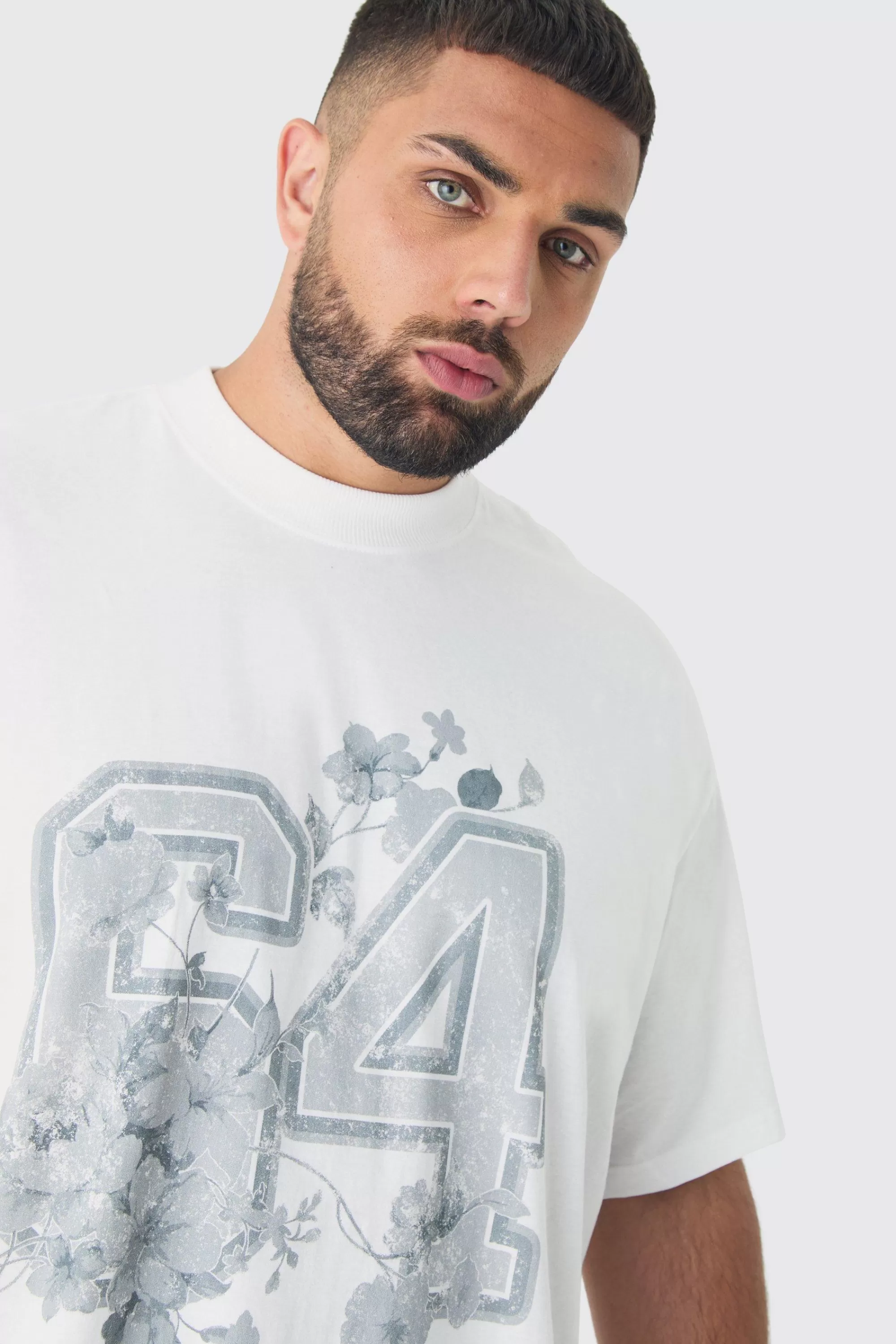 boohooMAN Plus Oversized Extended Neck Floral Varsity Print T-Shirt | UK white Fashion