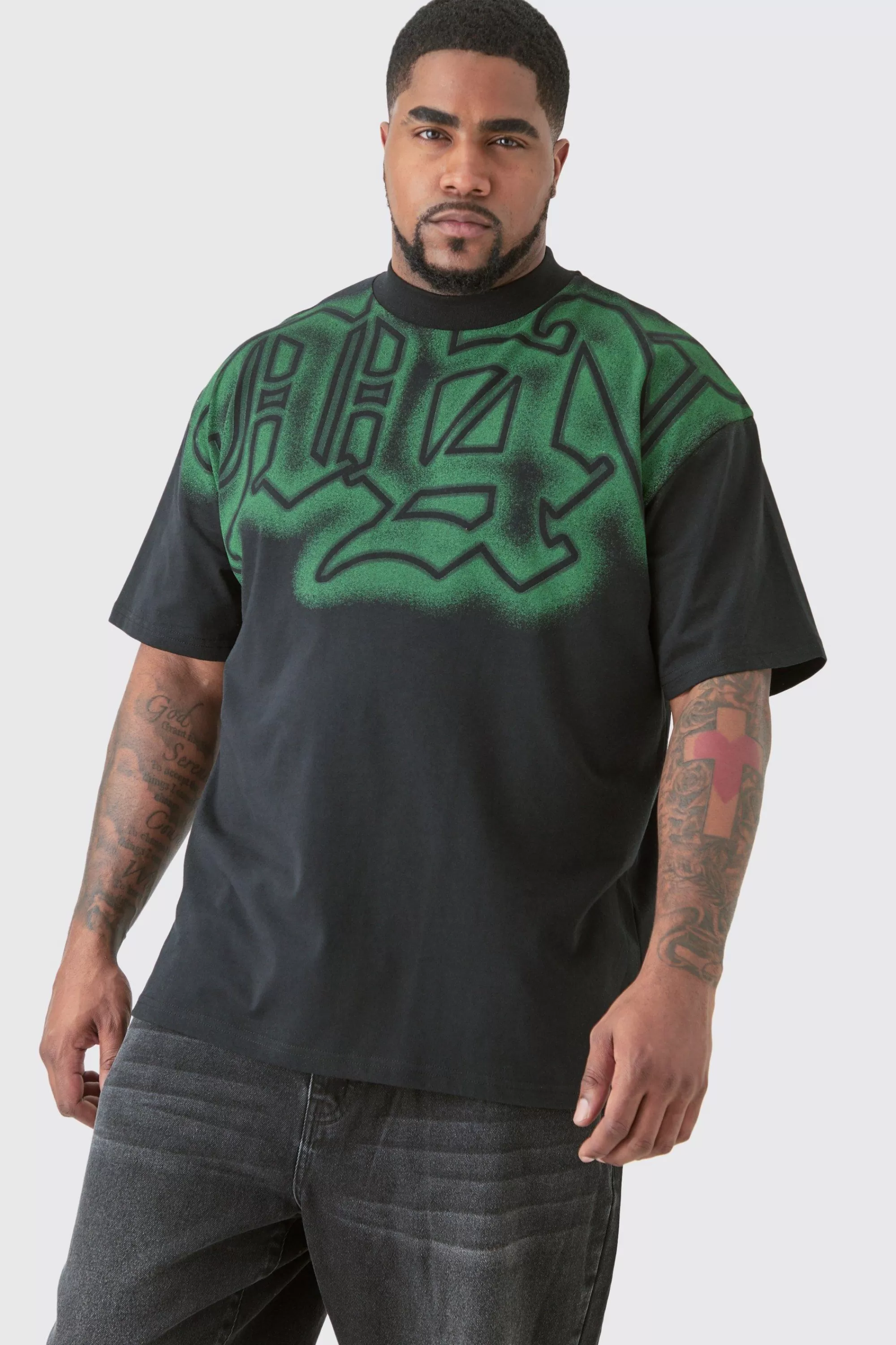 boohooMAN Plus Oversized Extended Neck Gothic Man Grafitti Spray T-shirt | UK black Clearance