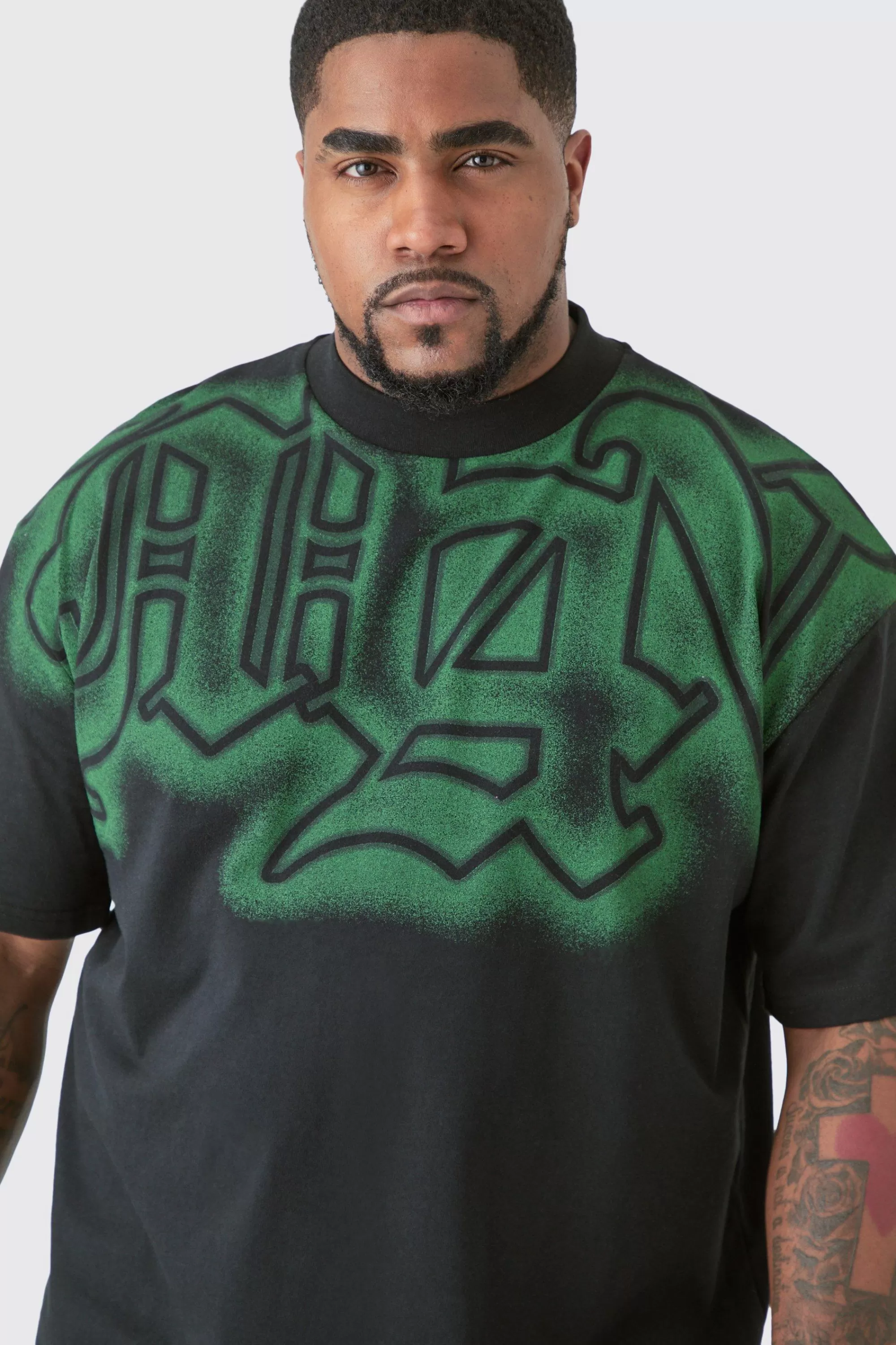 boohooMAN Plus Oversized Extended Neck Gothic Man Grafitti Spray T-shirt | UK black Clearance