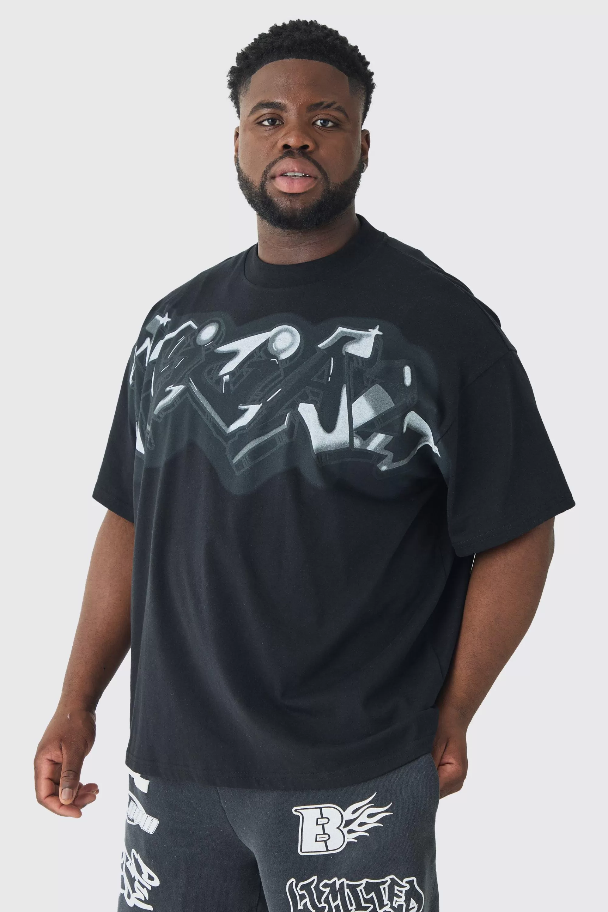 boohooMAN Plus Oversized Extended Neck Graffiti Spray T-shirt | UK black Discount