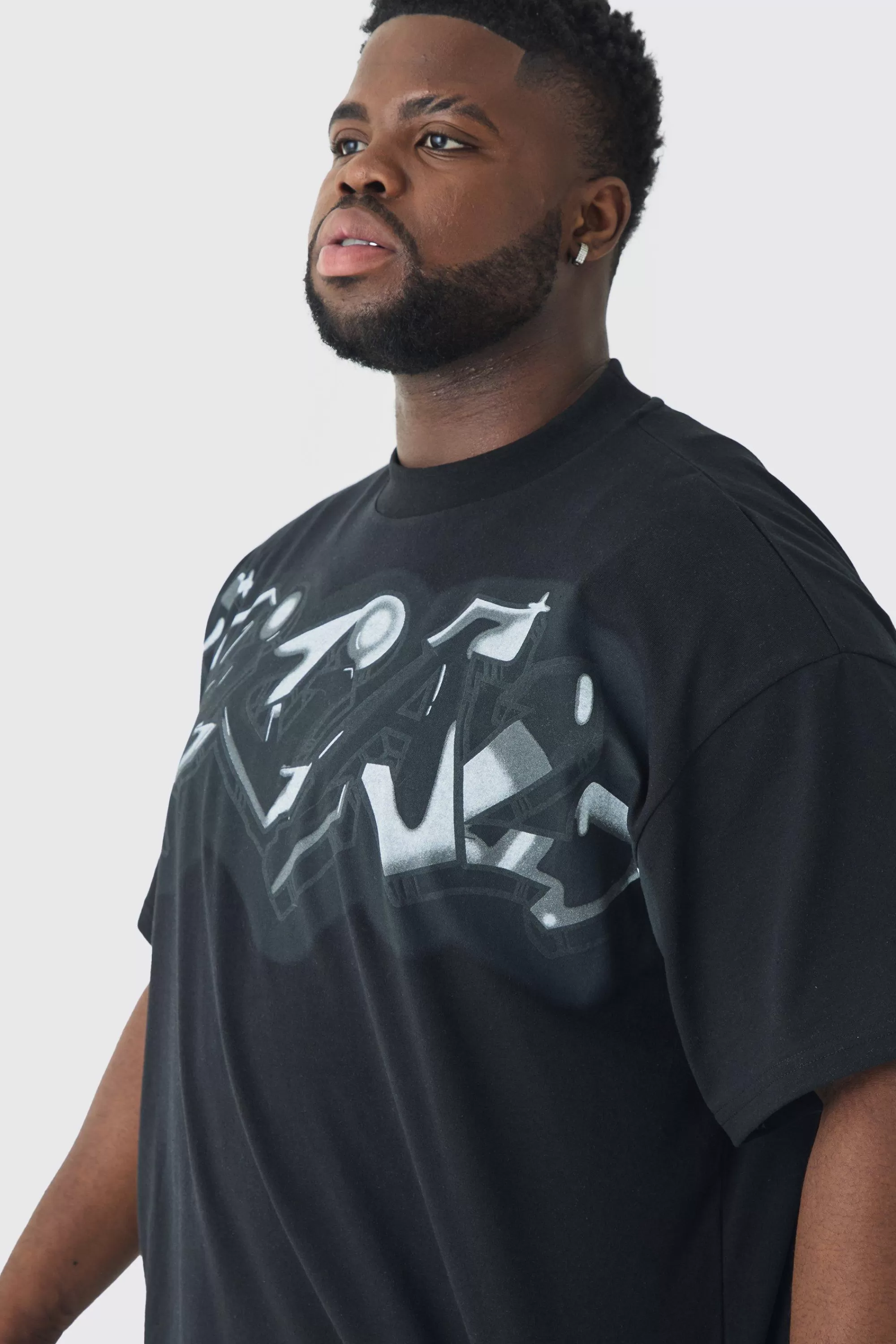 boohooMAN Plus Oversized Extended Neck Graffiti Spray T-shirt | UK black Discount