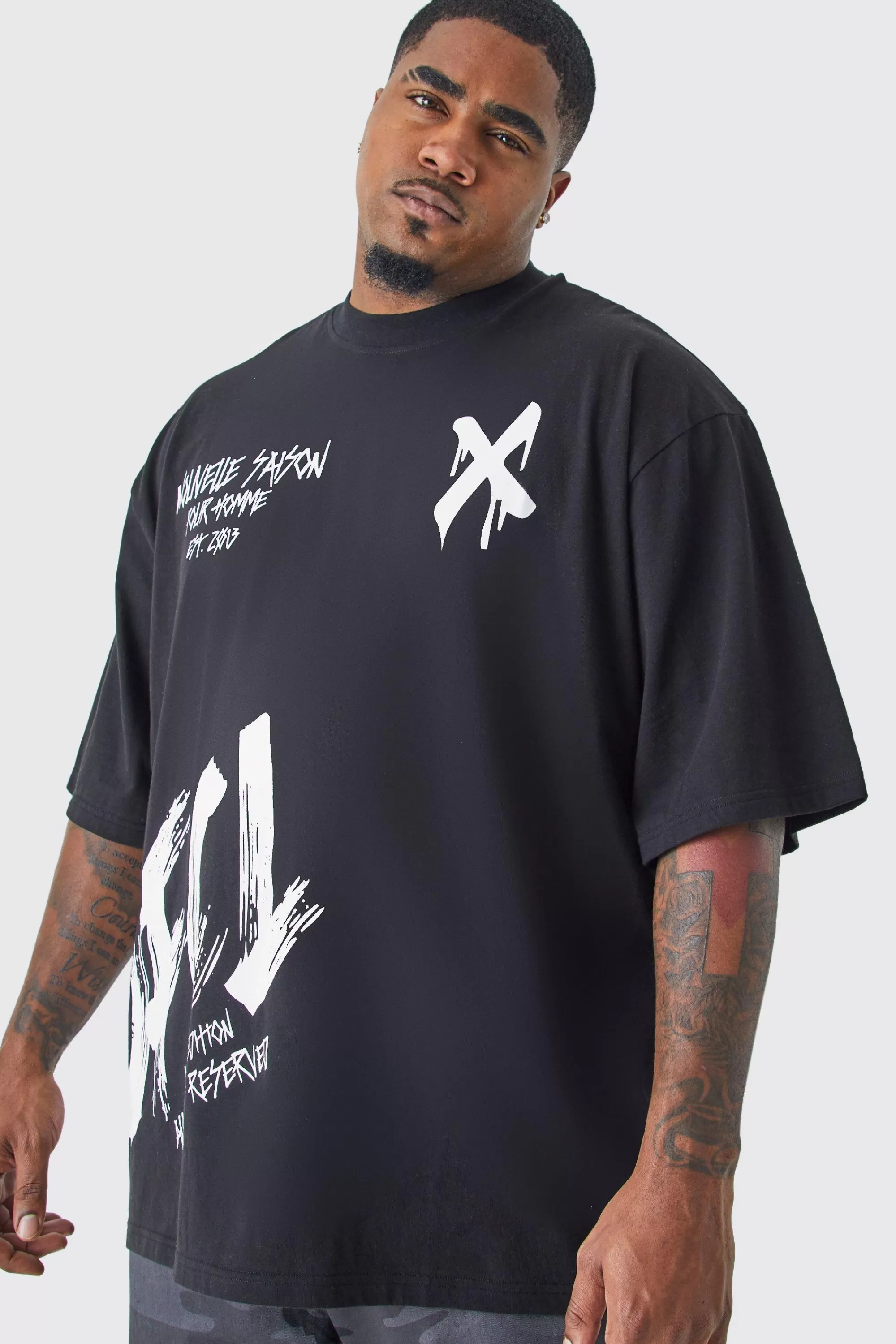 boohooMAN Plus Oversized Extended Neck Graffiti T-shirt | UK black Outlet