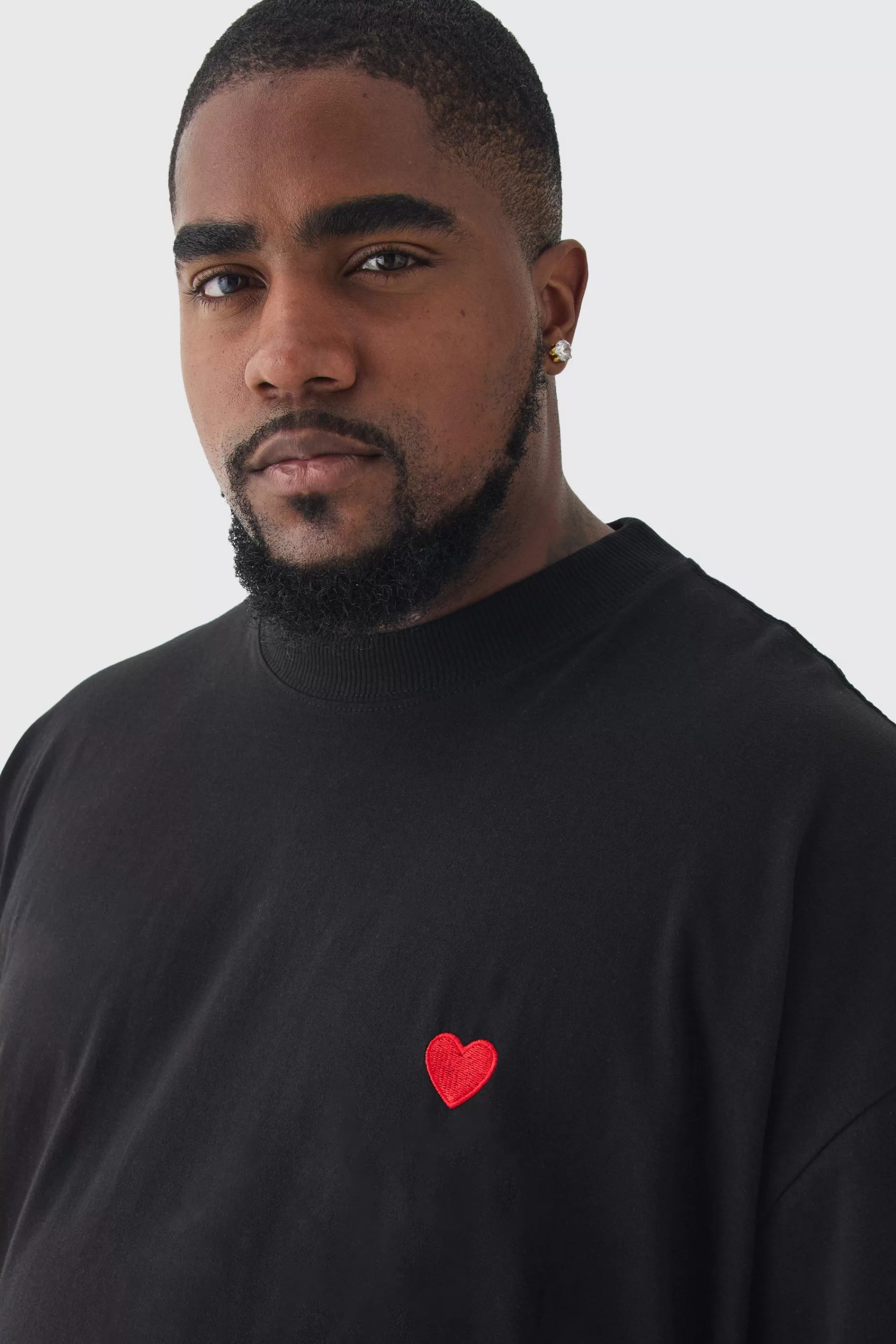 boohooMAN Plus Oversized Extended Neck Heart Embroidered T-Shirt | UK black Flash Sale