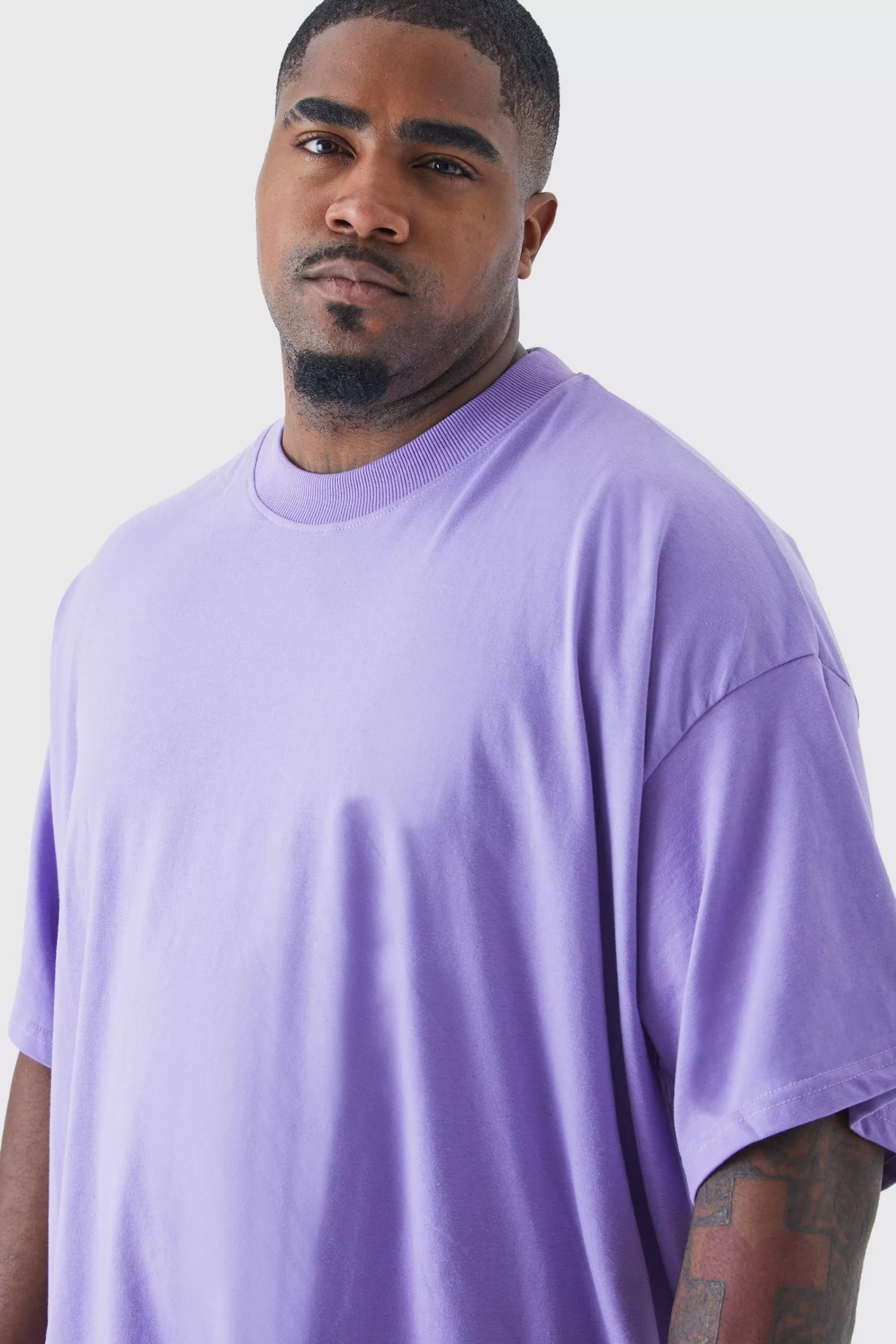 boohooMAN Plus Oversized Extended Neck Heavy T-shirt | UK purple Store