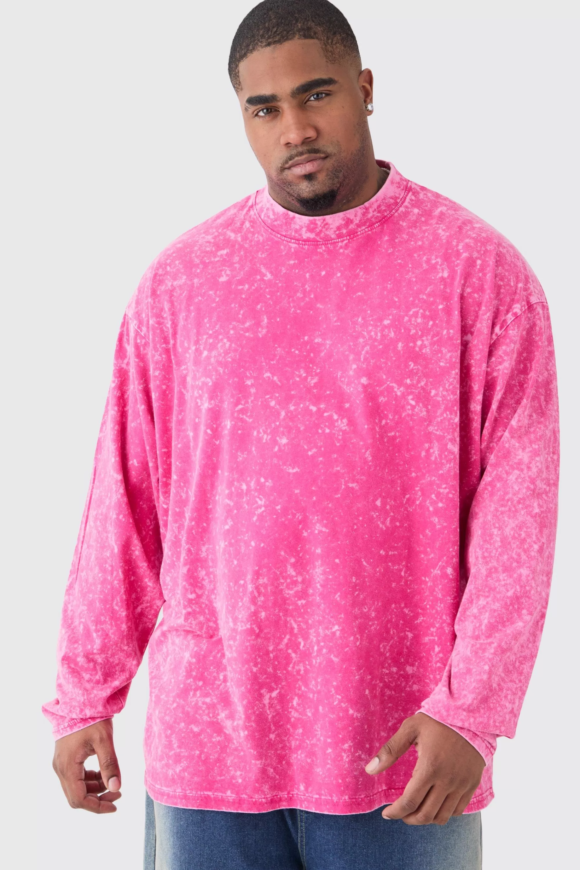 boohooMAN Plus Oversized Extended Neck Laundered Long Sleeve T-shirt | UK pink Store