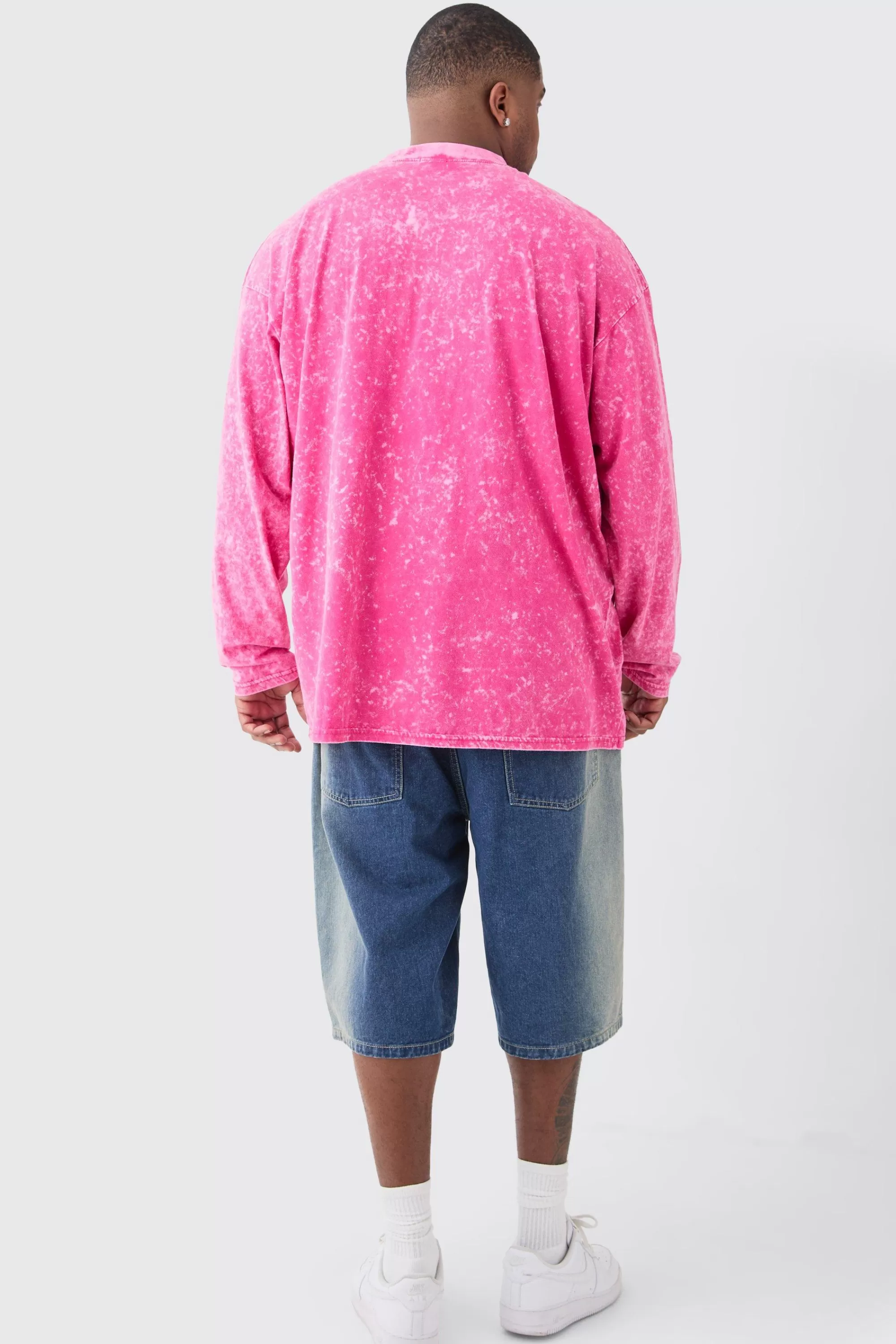 boohooMAN Plus Oversized Extended Neck Laundered Long Sleeve T-shirt | UK pink Store