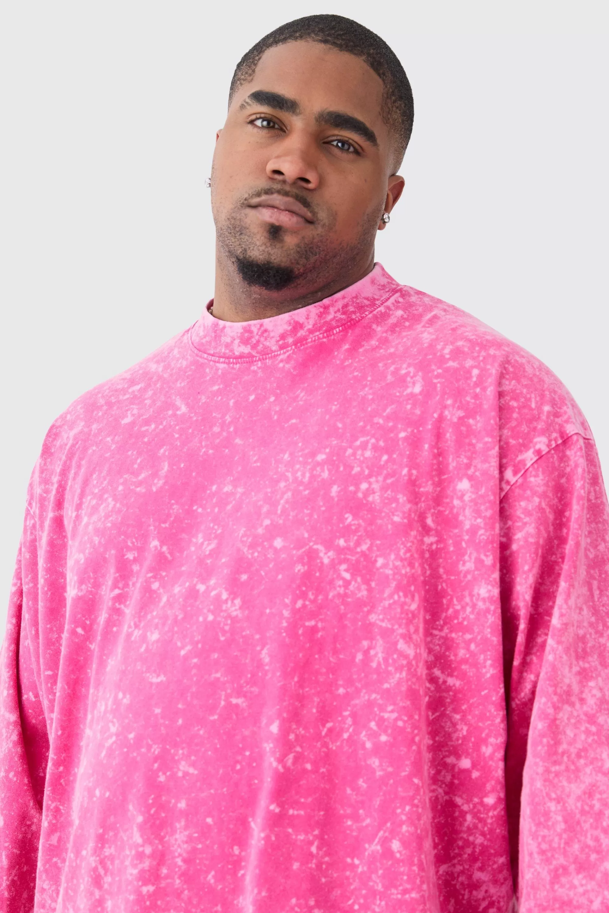 boohooMAN Plus Oversized Extended Neck Laundered Long Sleeve T-shirt | UK pink Store