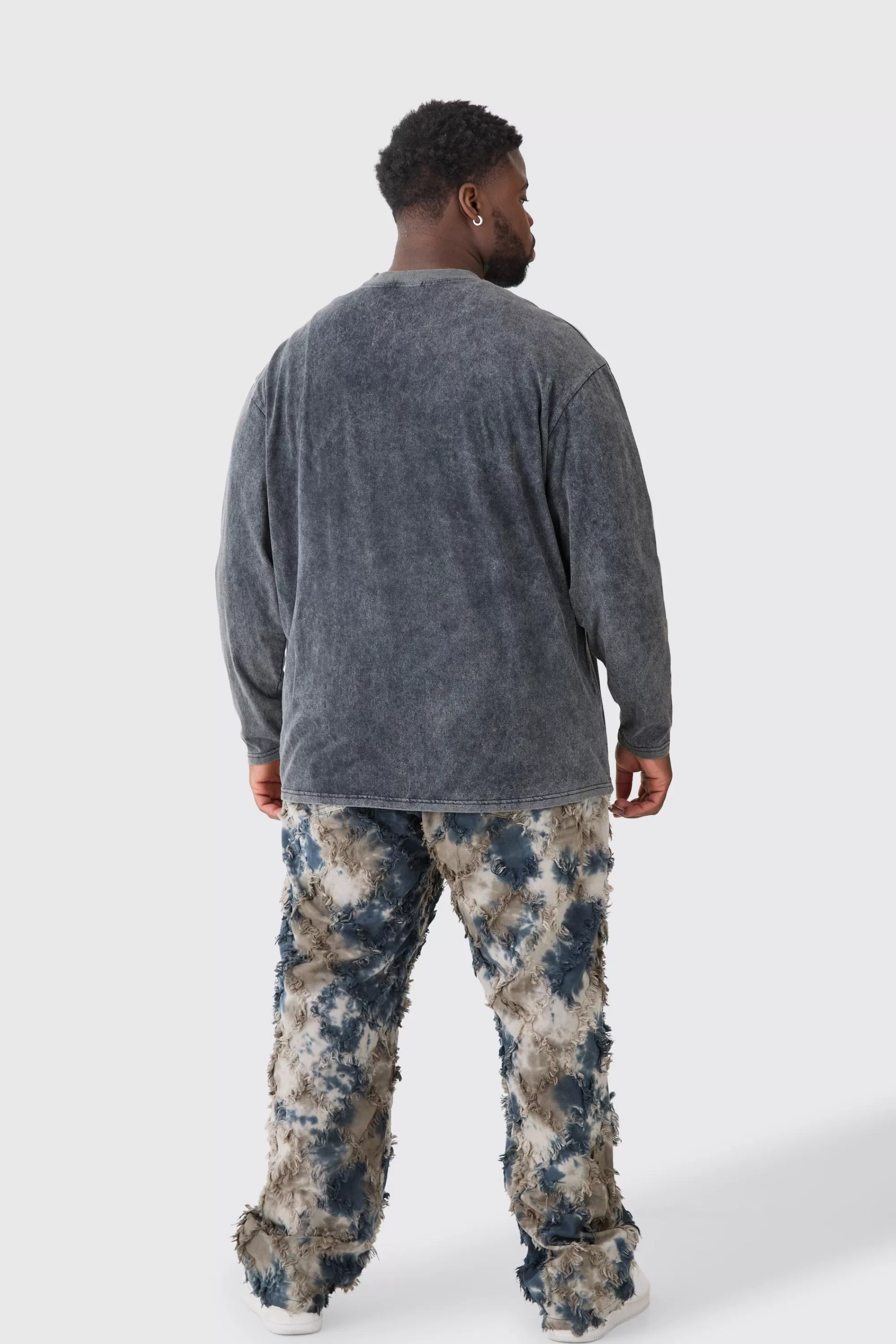 boohooMAN Plus Oversized Extended Neck Laundered Wash Long Sleeve T-shirt | UK charcoal Shop