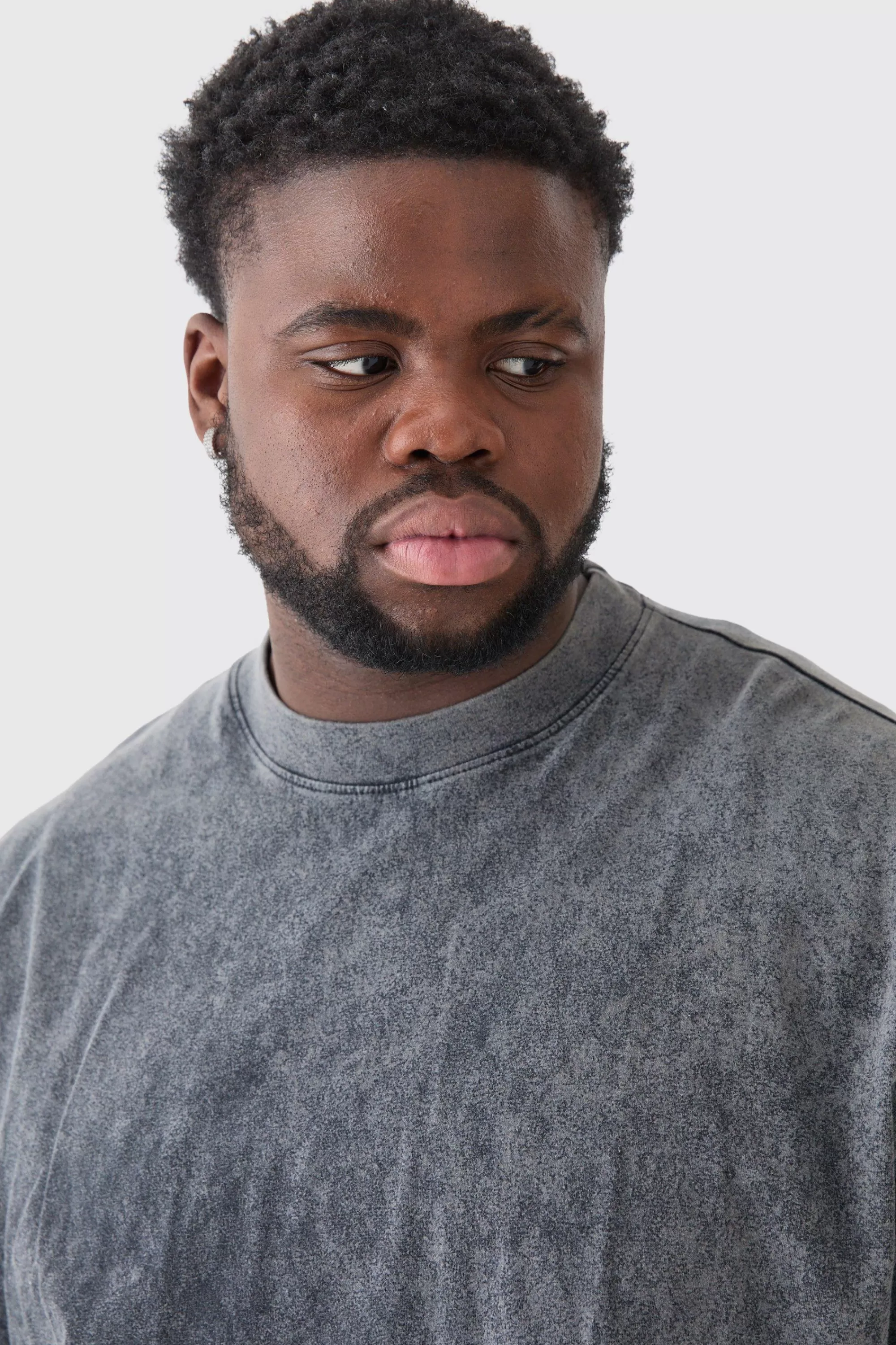 boohooMAN Plus Oversized Extended Neck Laundered Wash Long Sleeve T-shirt | UK charcoal Shop