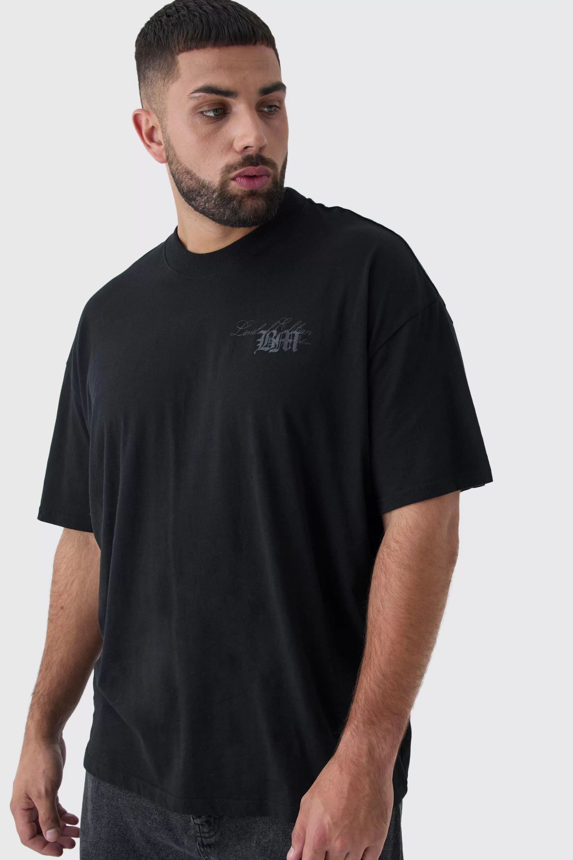 boohooMAN Plus Oversized Extended Neck Limited Edition Print T-Shirt | UK black Flash Sale