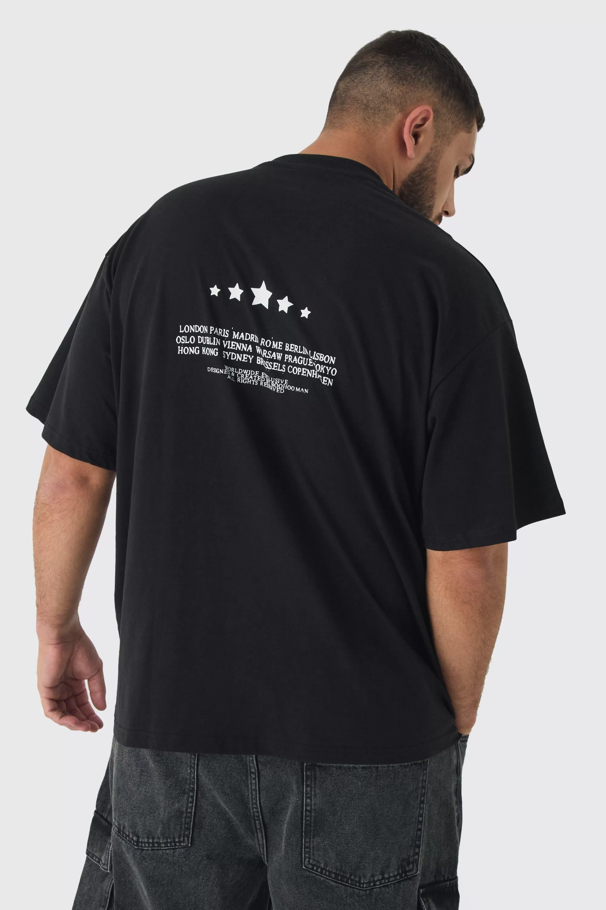 boohooMAN Plus Oversized Extended Neck Limited Print T-shirt | UK black Store