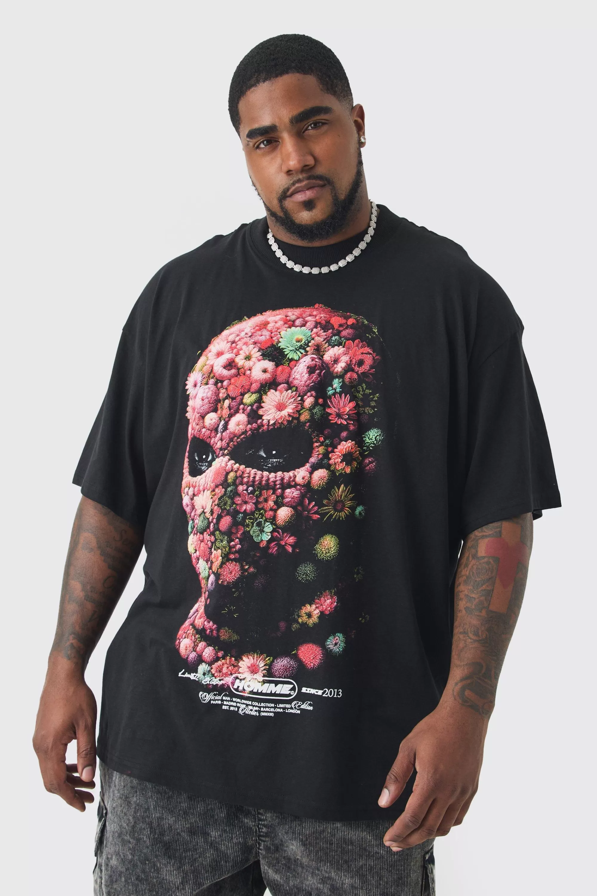 boohooMAN Plus Oversized Floral Mask T-shirt | UK black Outlet
