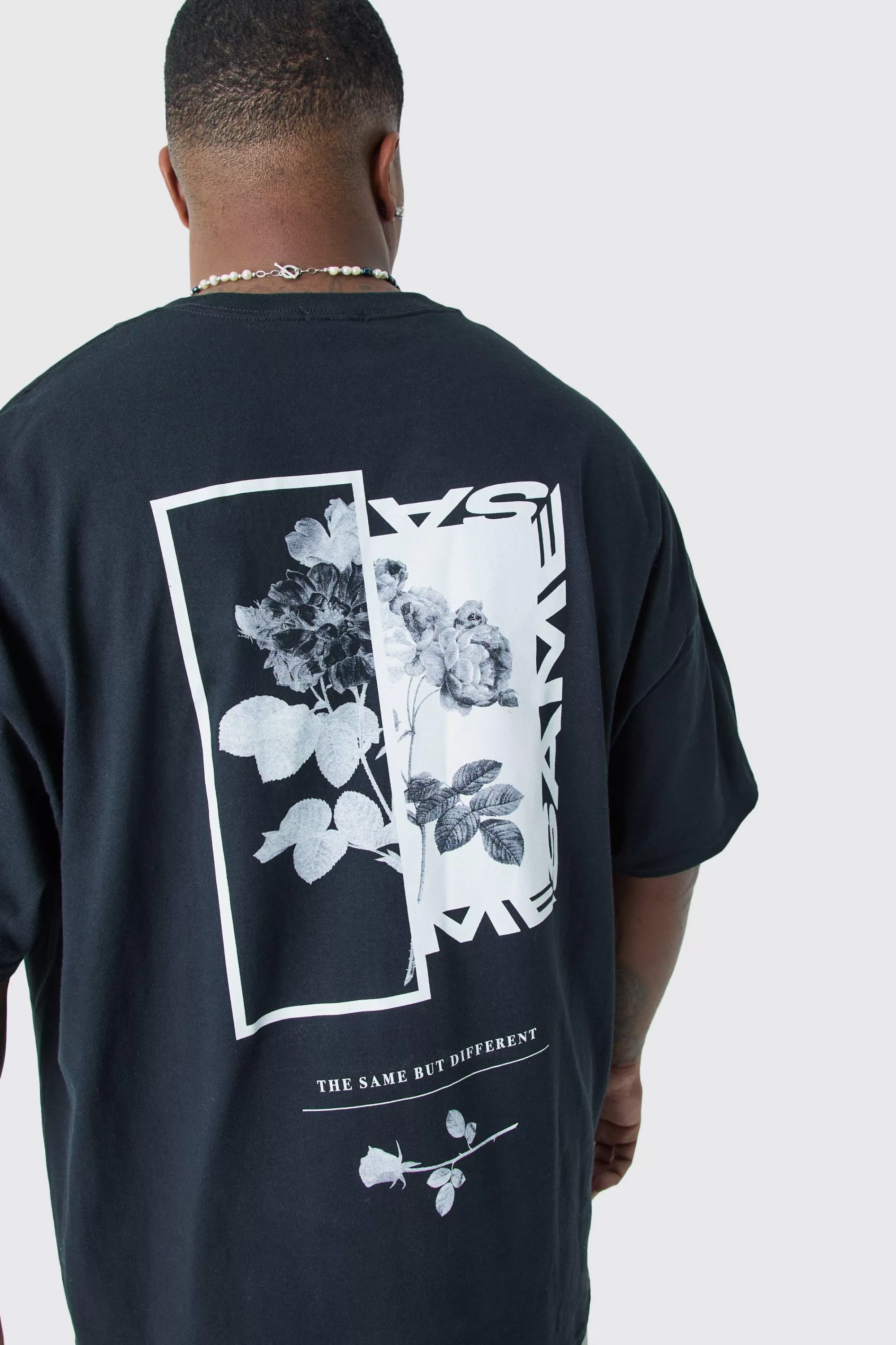 boohooMAN Plus Oversized Floral Photo Back Print T-shirt | UK black New