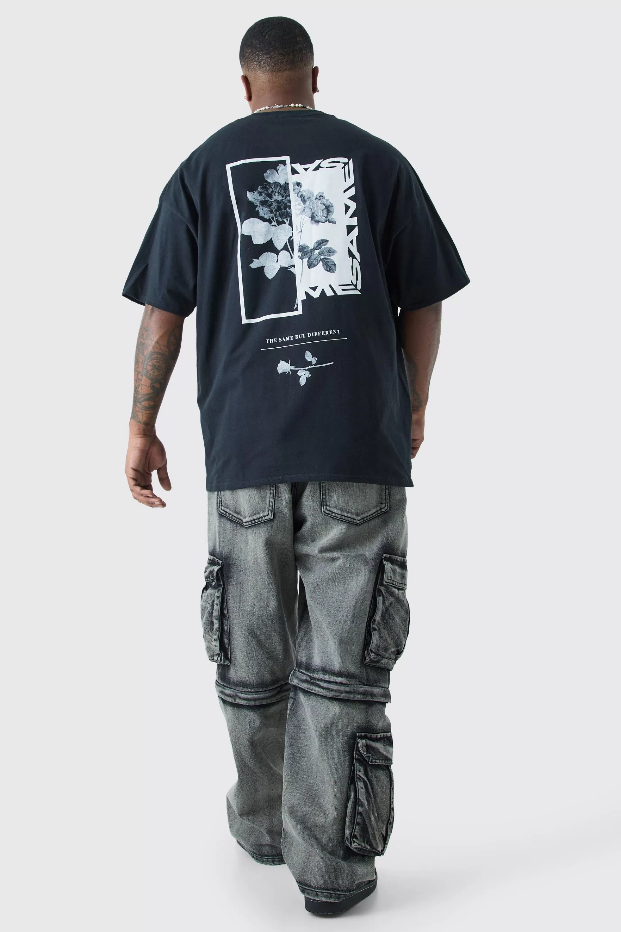 boohooMAN Plus Oversized Floral Photo Back Print T-shirt | UK black New