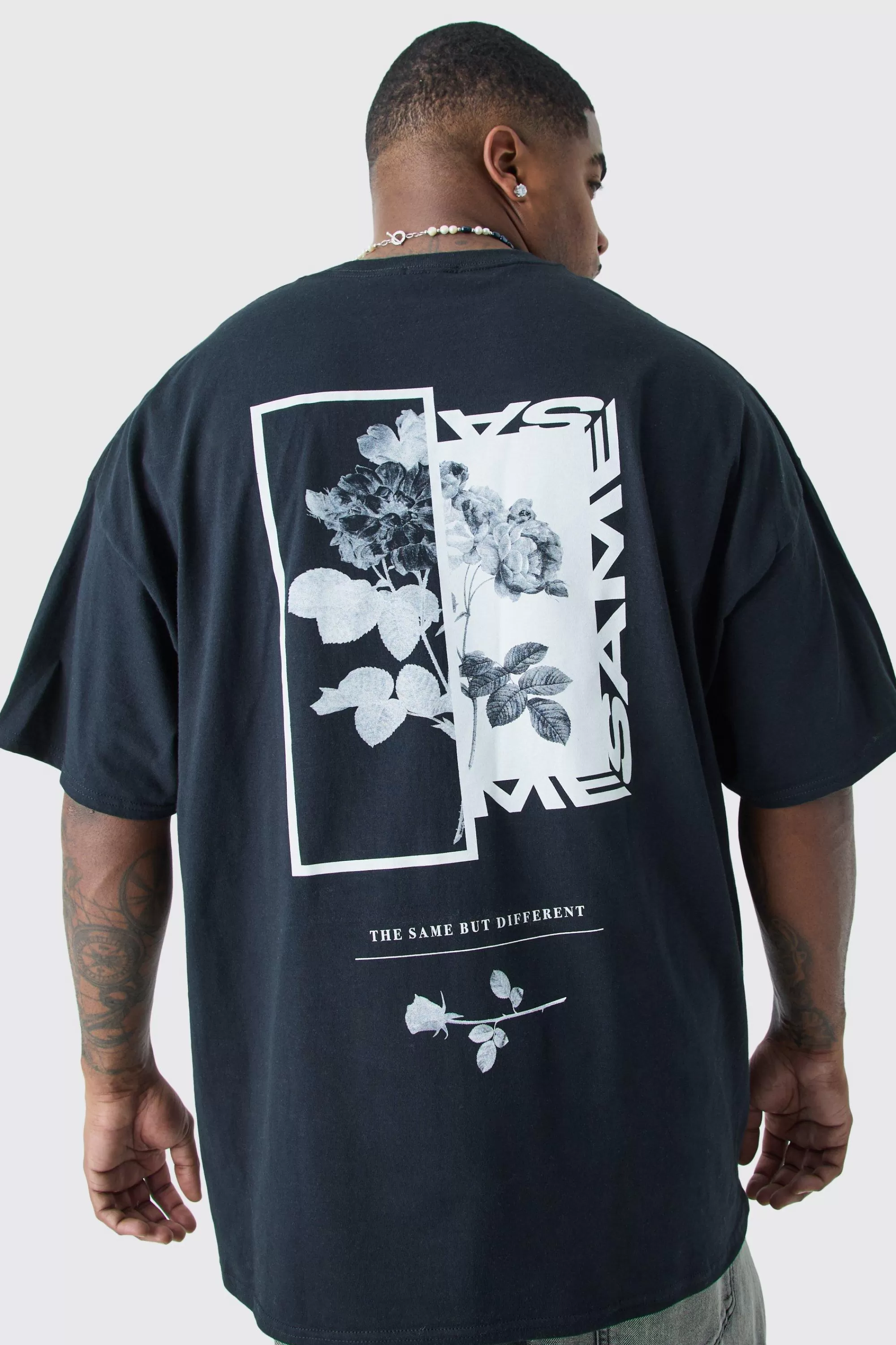 boohooMAN Plus Oversized Floral Photo Back Print T-shirt | UK black New
