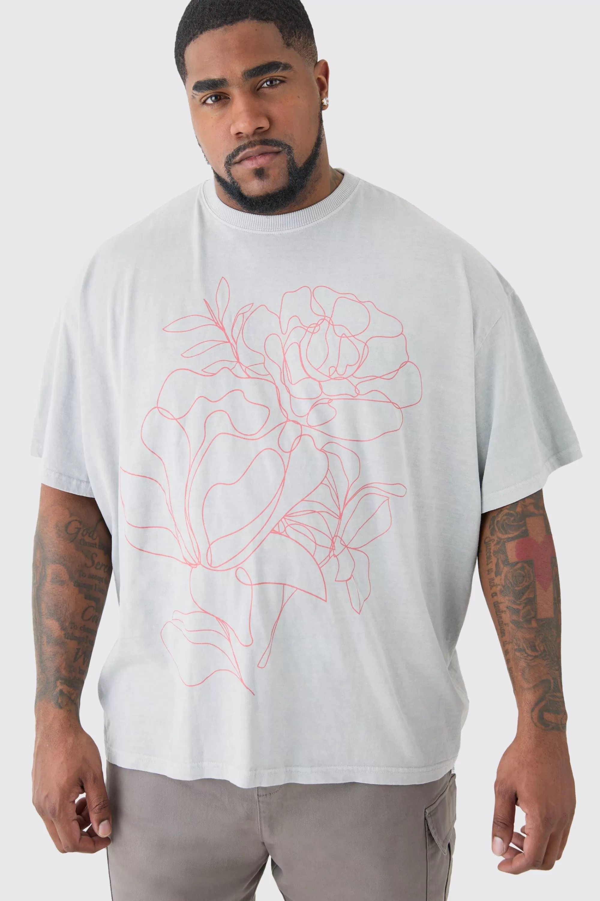 boohooMAN Plus Oversized Floral Stencil Print T-shirt In | UK grey Best