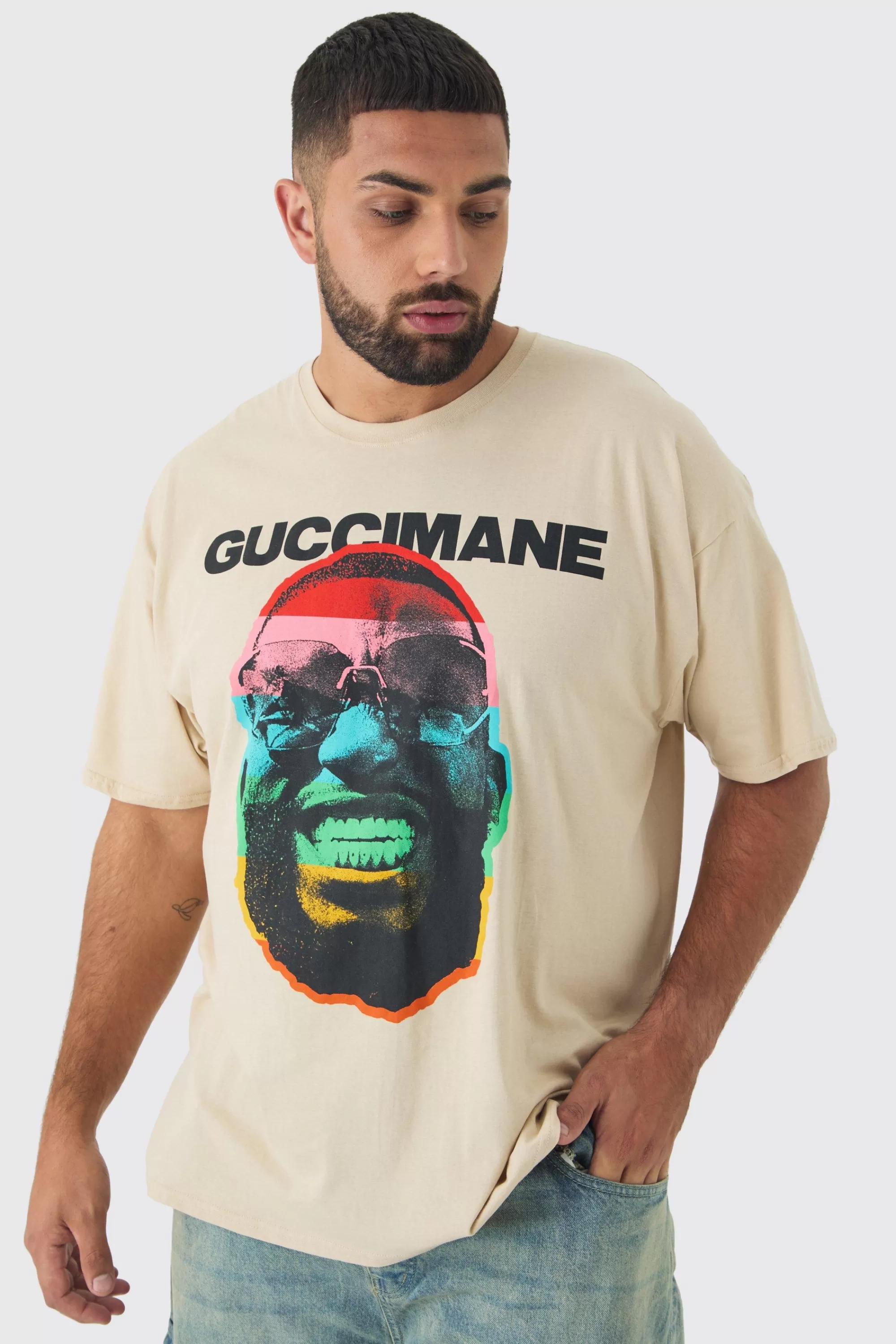 boohooMAN Plus Oversized G Mane License Print T-Shirt | UK stone New