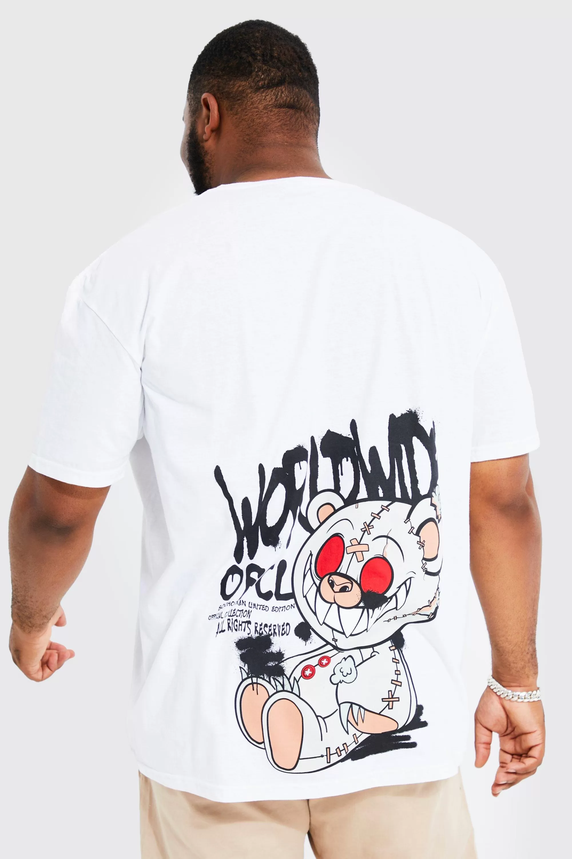 boohooMAN Plus Oversized Graffiti Teddy Back T-shirt | UK white Online
