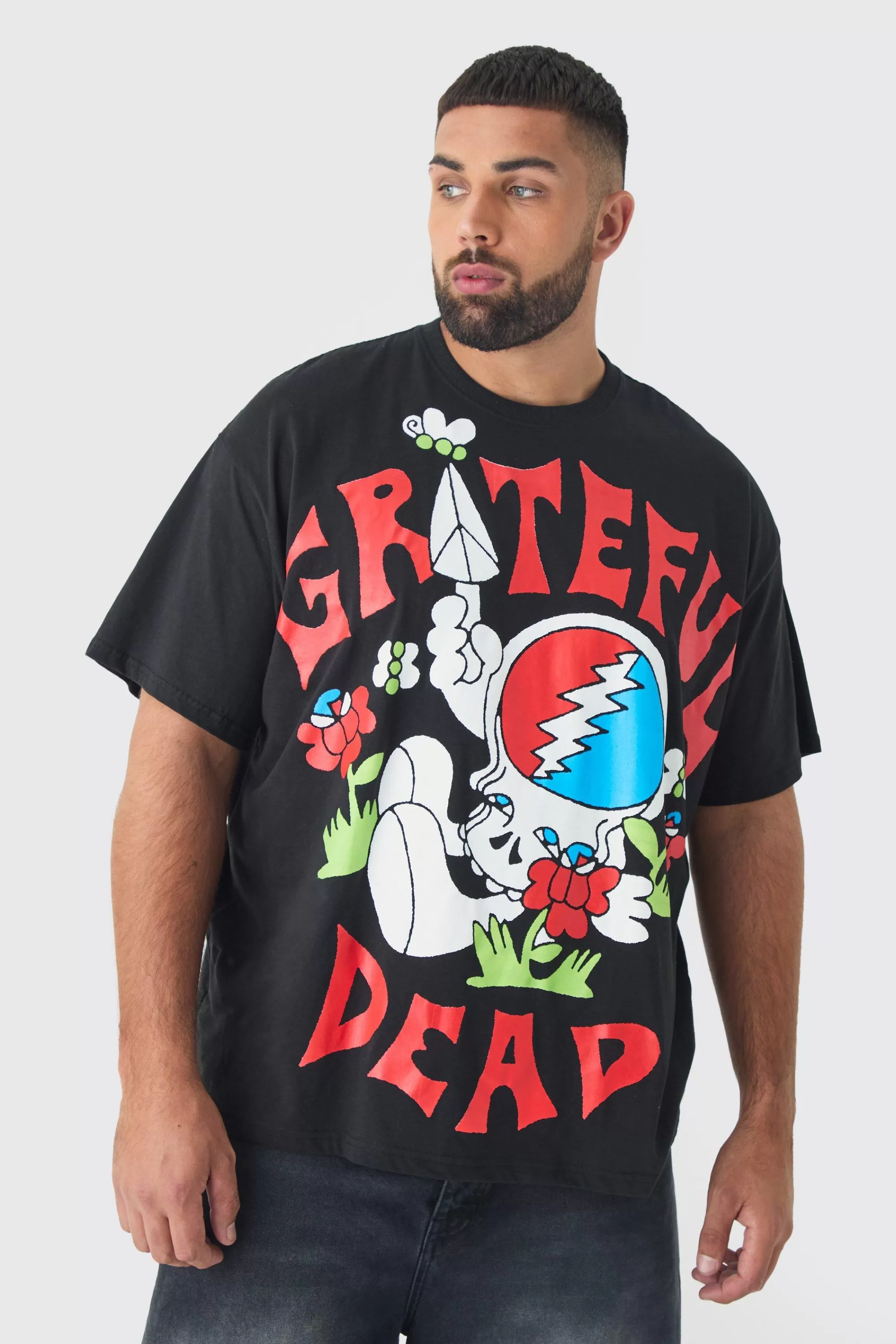 boohooMAN Plus Oversized Grateful Dead Large Scale License Print T-Shirt | UK black New