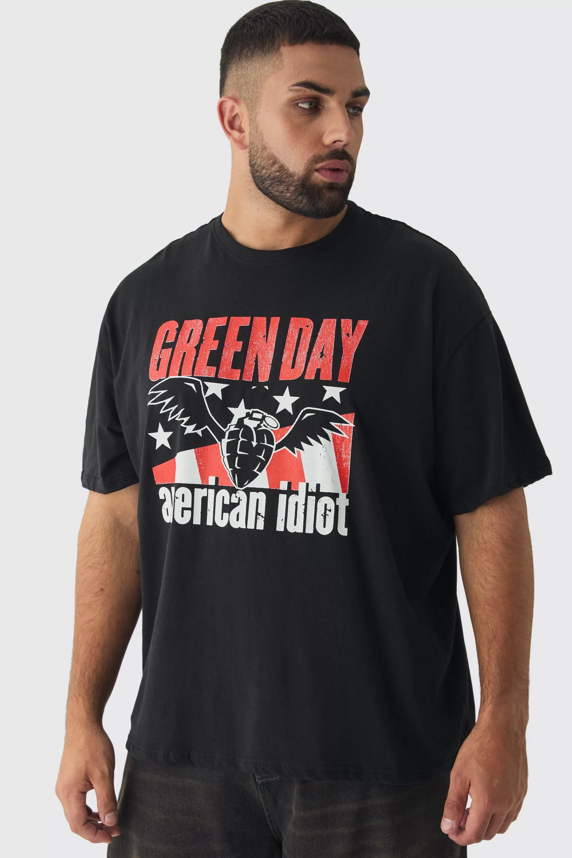 boohooMAN Plus Oversized Green Day Band License Print T-Shirt | UK black Hot