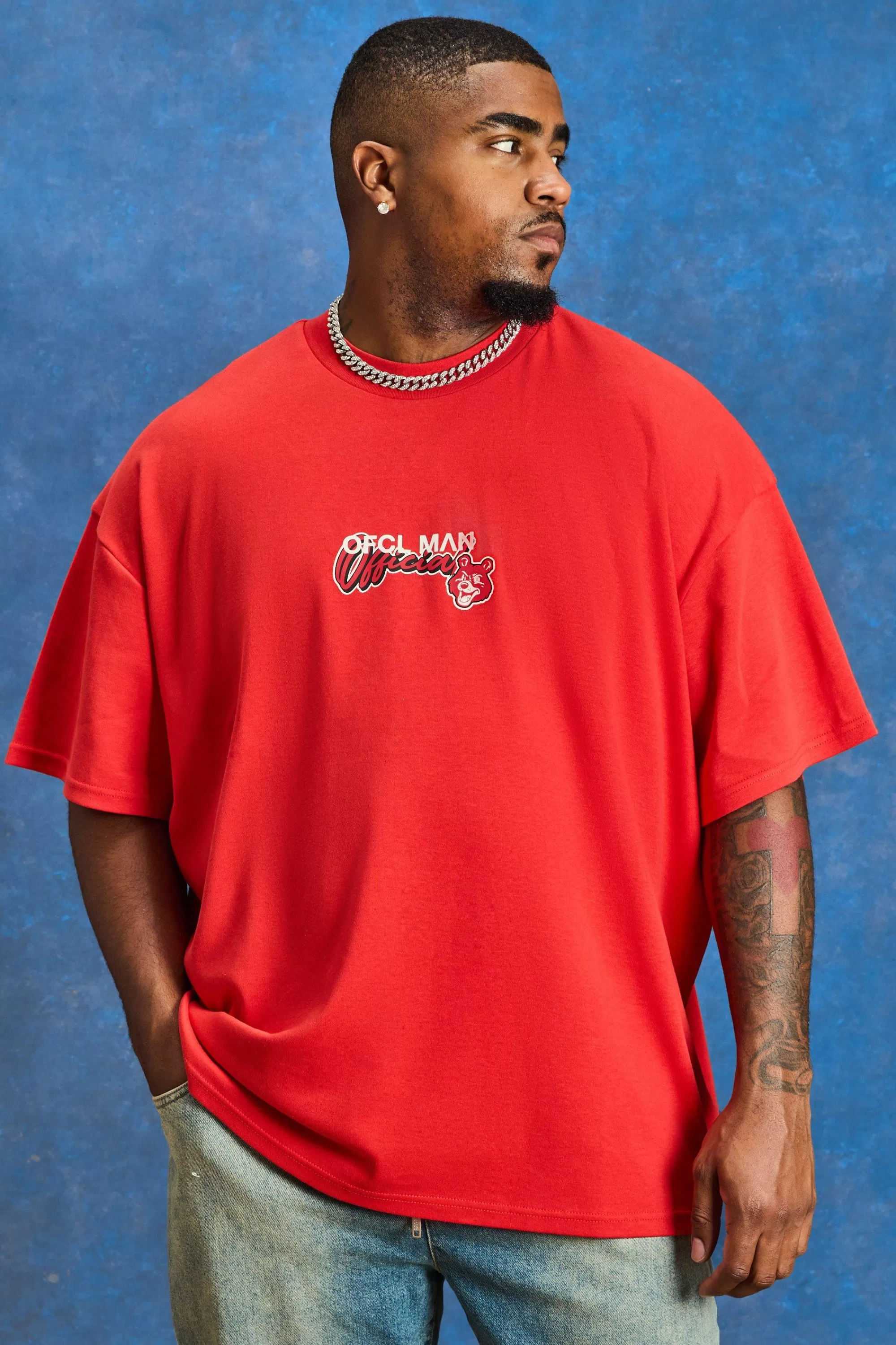 boohooMAN Plus Oversized Heavyweight Bear Print T-shirt | UK red Online
