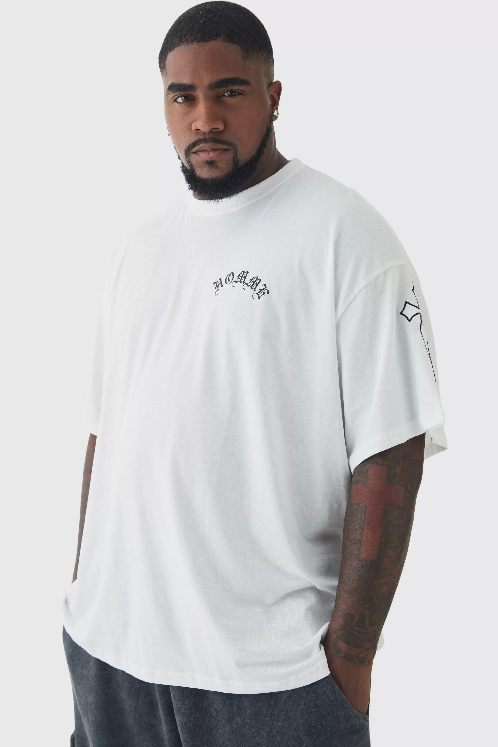 boohooMAN Plus Oversized Homme Print & Cross Embroidered T-Shirt | UK white Sale