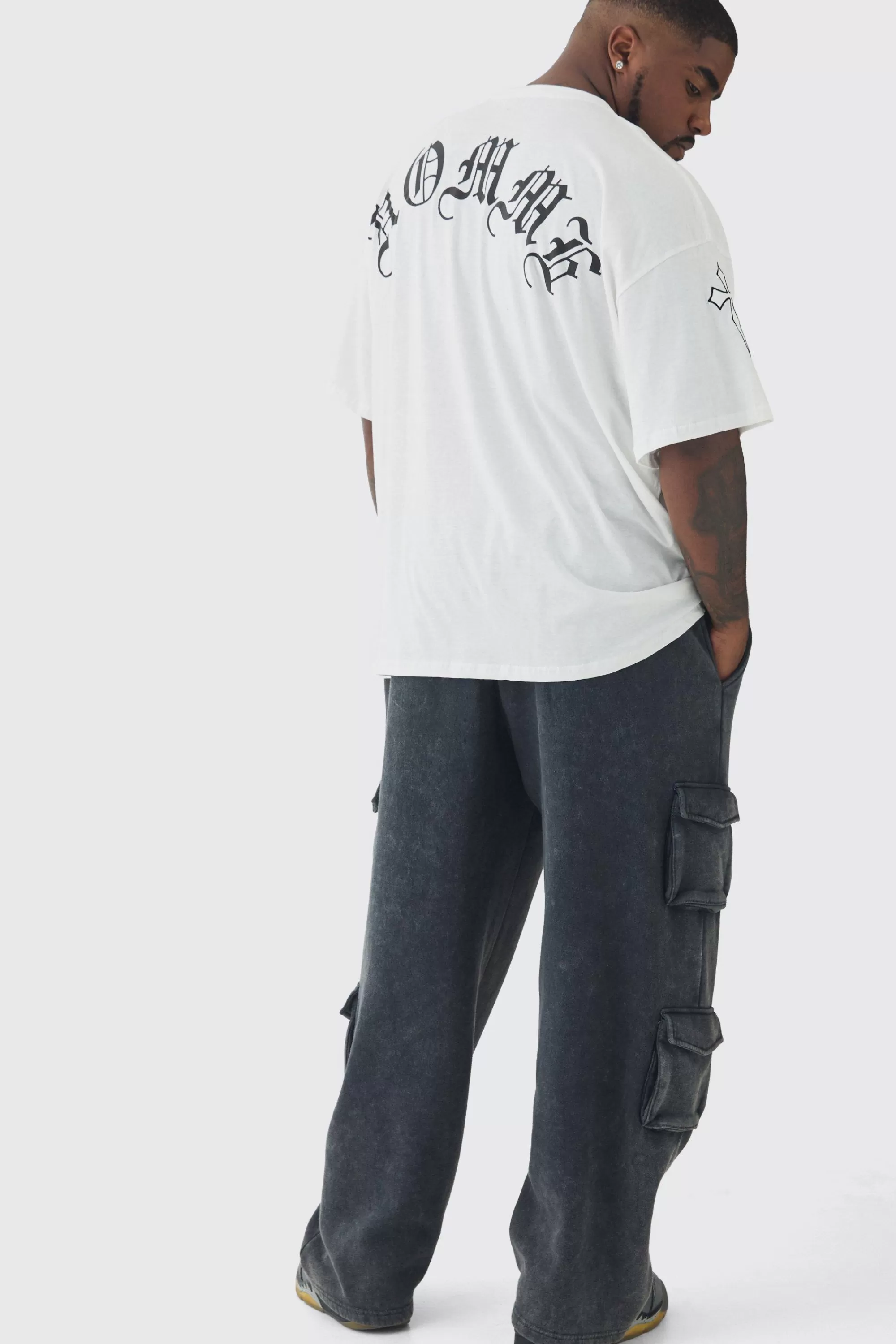 boohooMAN Plus Oversized Homme Print & Cross Embroidered T-Shirt | UK white Sale