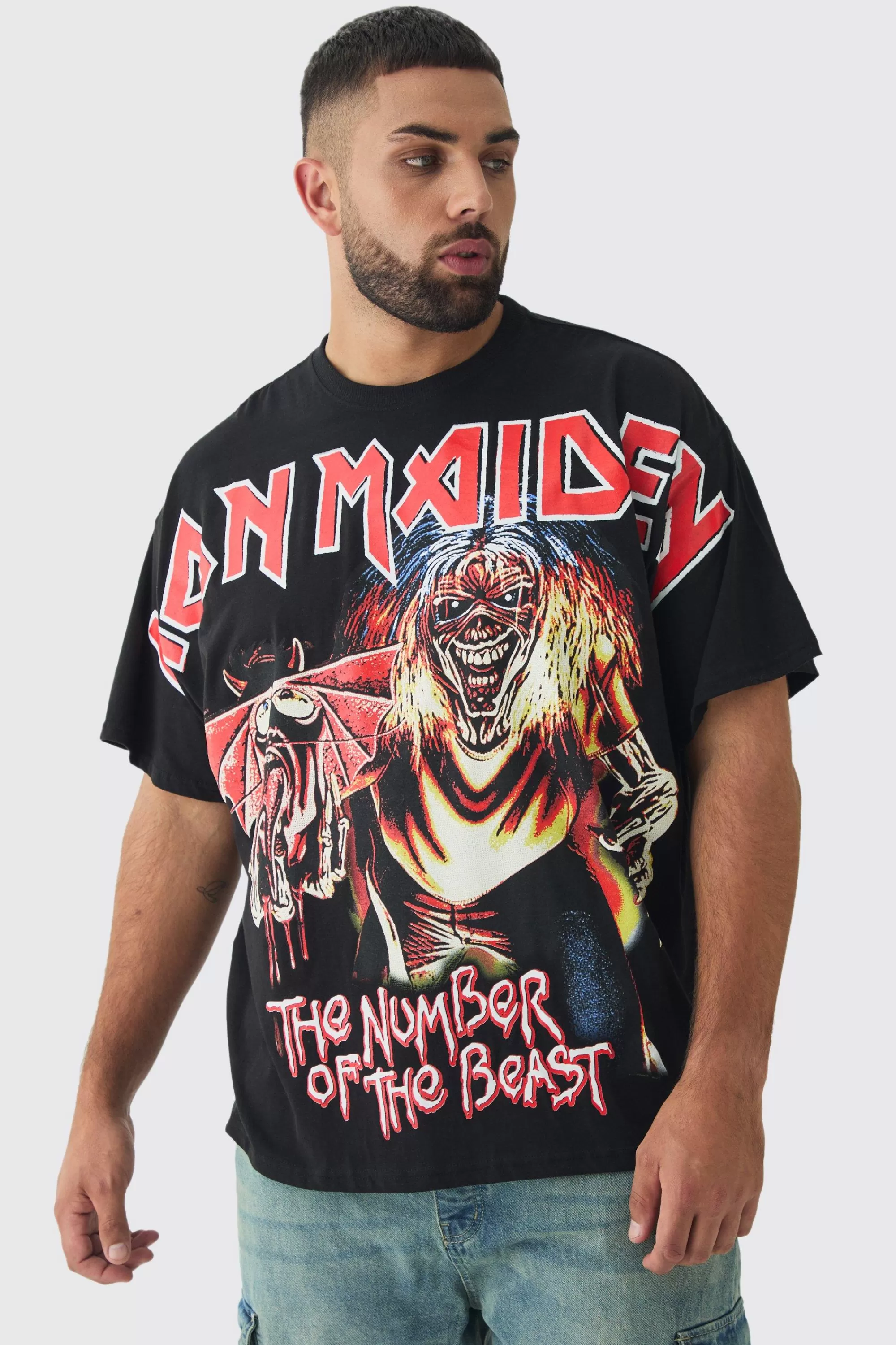 boohooMAN Plus Oversized Iron Maiden Large Scale License Print T-Shirt | UK black Store