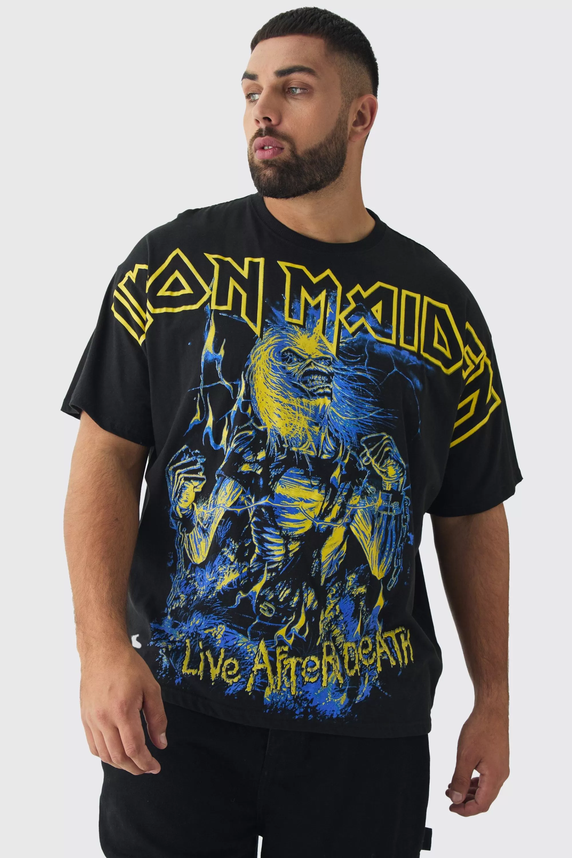 boohooMAN Plus Oversized Iron Maiden Large Scale License Print T-Shirt | UK black New