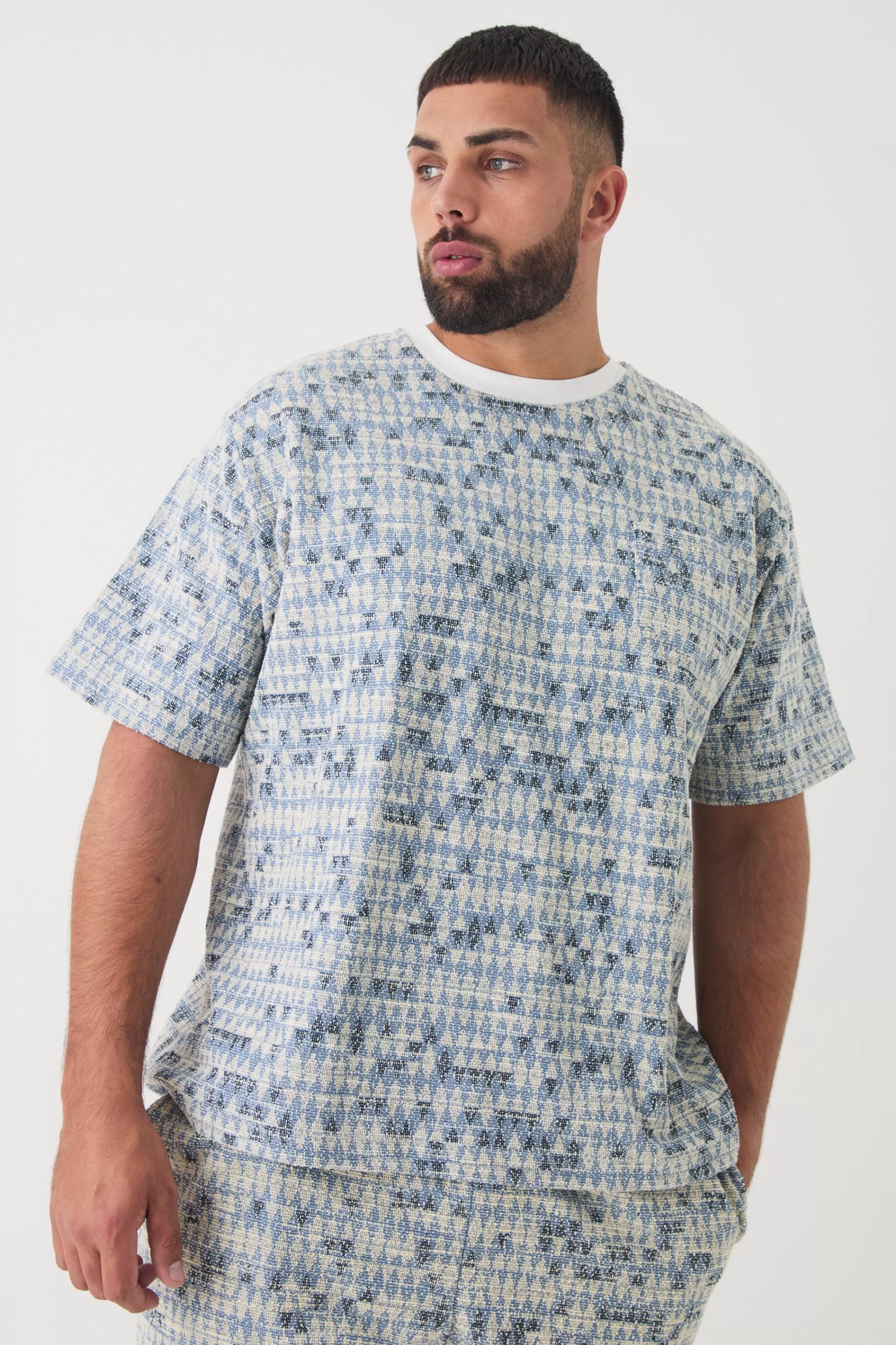boohooMAN Plus Oversized Jacquard Geo T-shirt | UK blue Best Sale