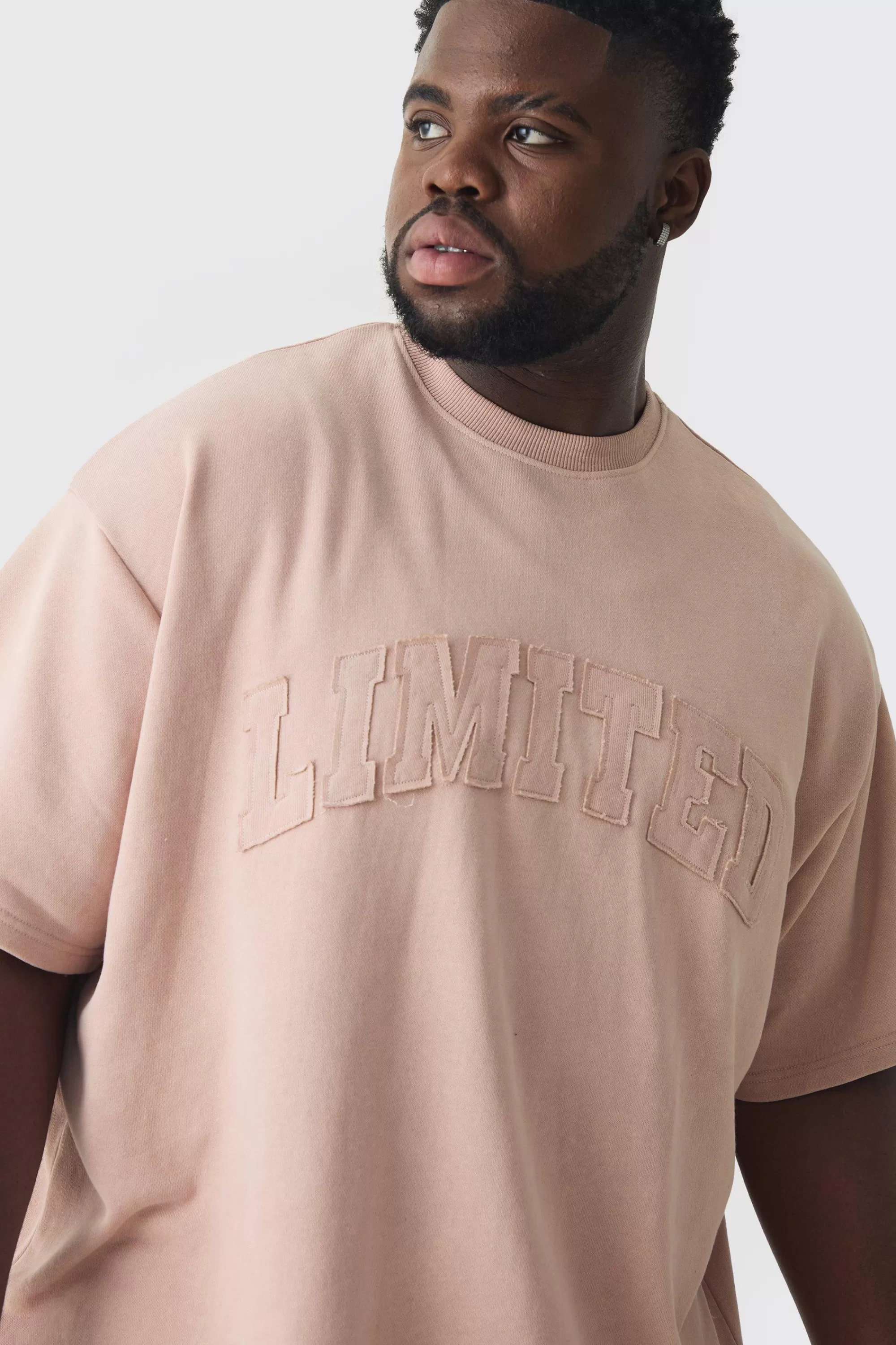 boohooMAN Plus Oversized Limited Applique Washed T-shirt | UK stone Outlet