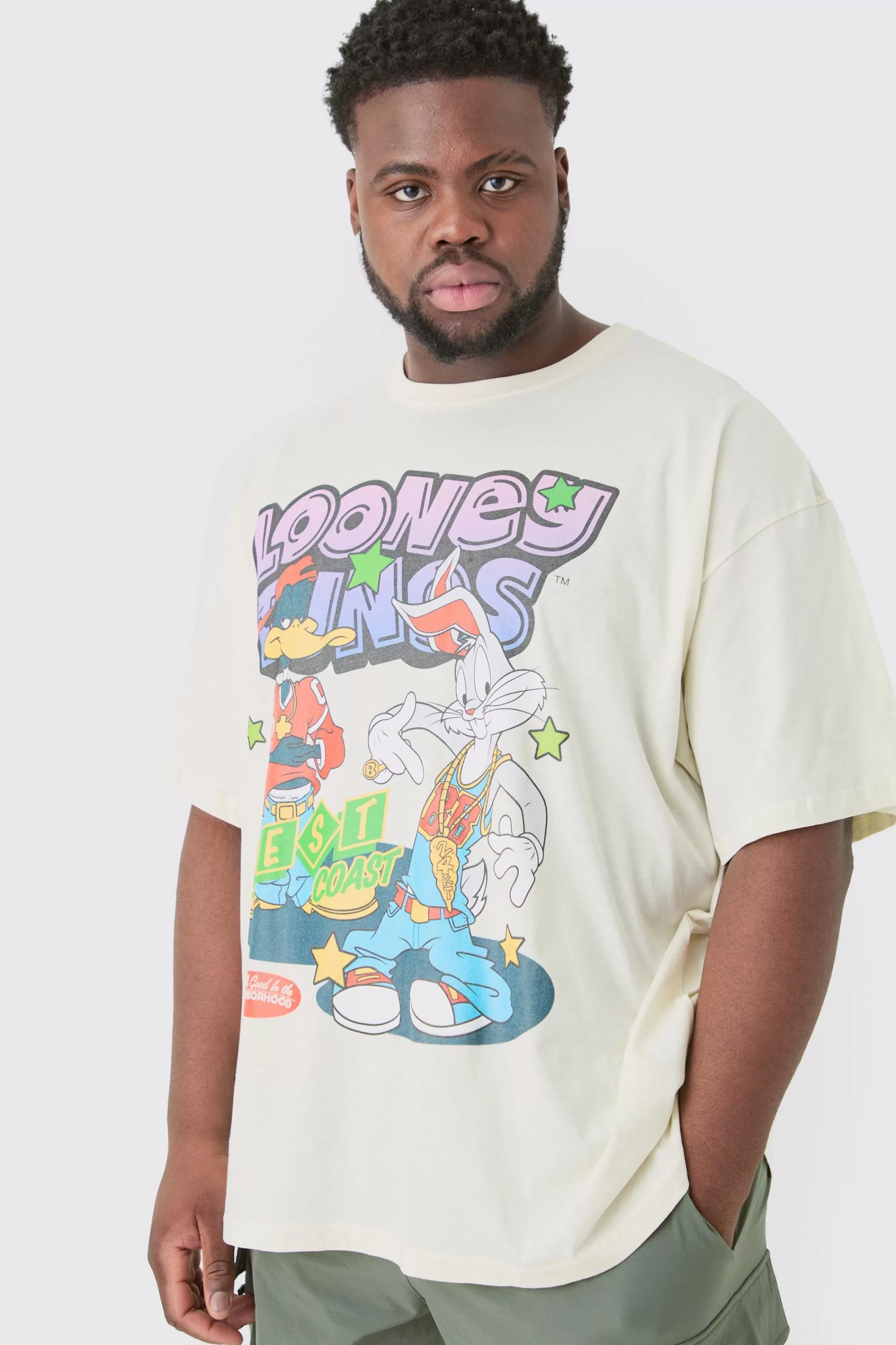 boohooMAN Plus Oversized Looney Tunes License T-shirt | UK ecru New