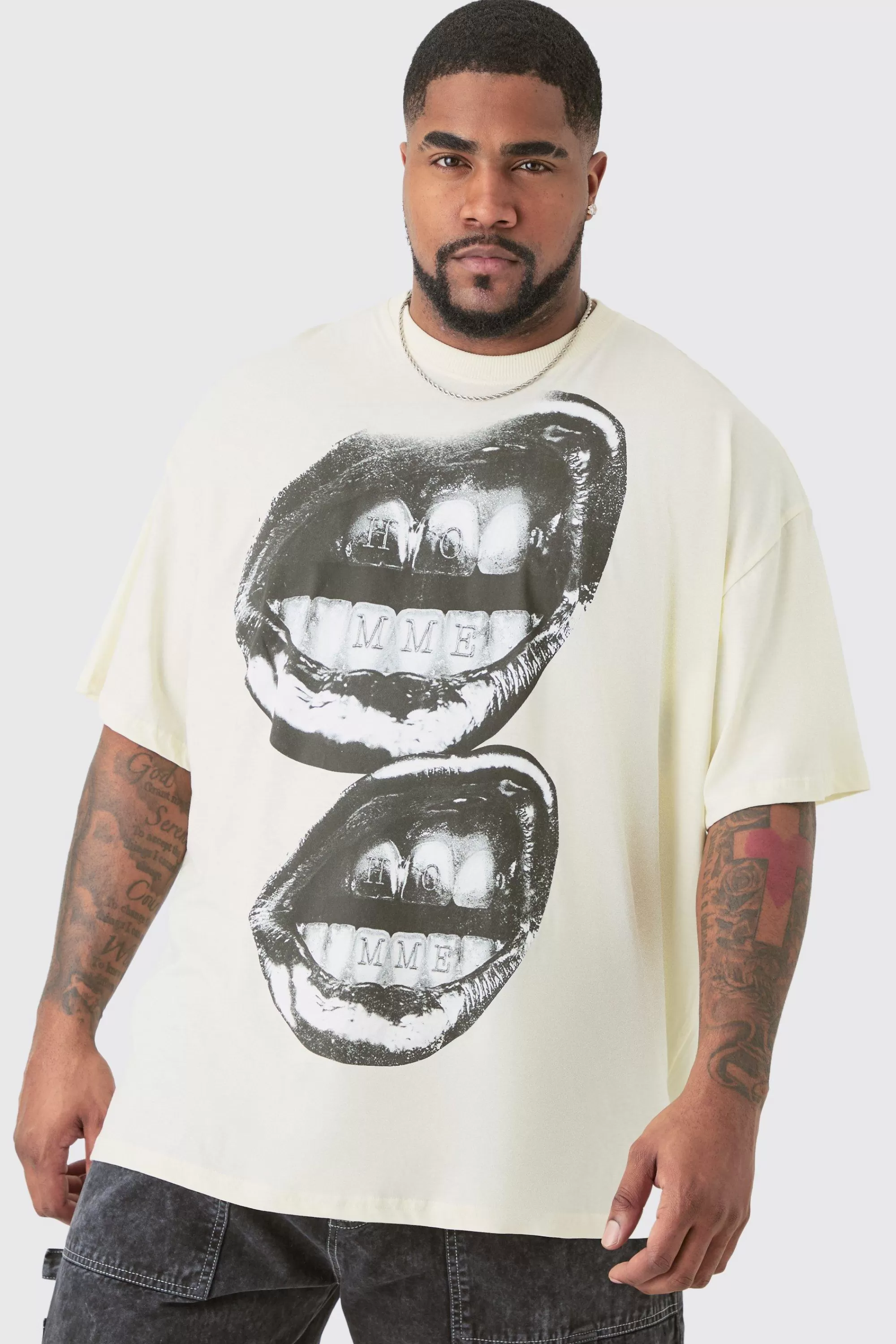 boohooMAN Plus Oversized Metallic Homme Lips Print T-shirt In | UK ecru Online