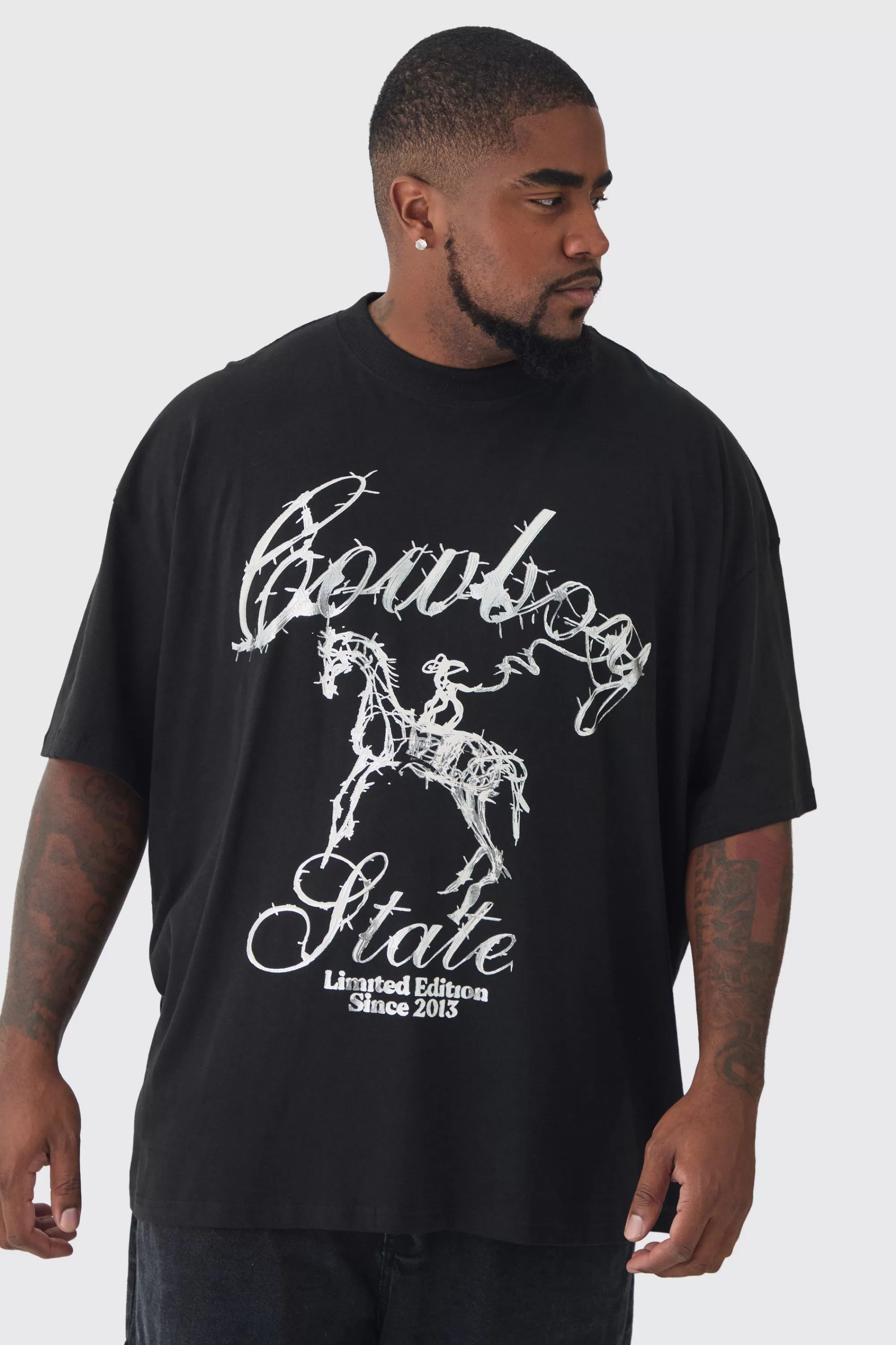 boohooMAN Plus Oversized Metallic Print Cowboy T-Shirt | UK black Online