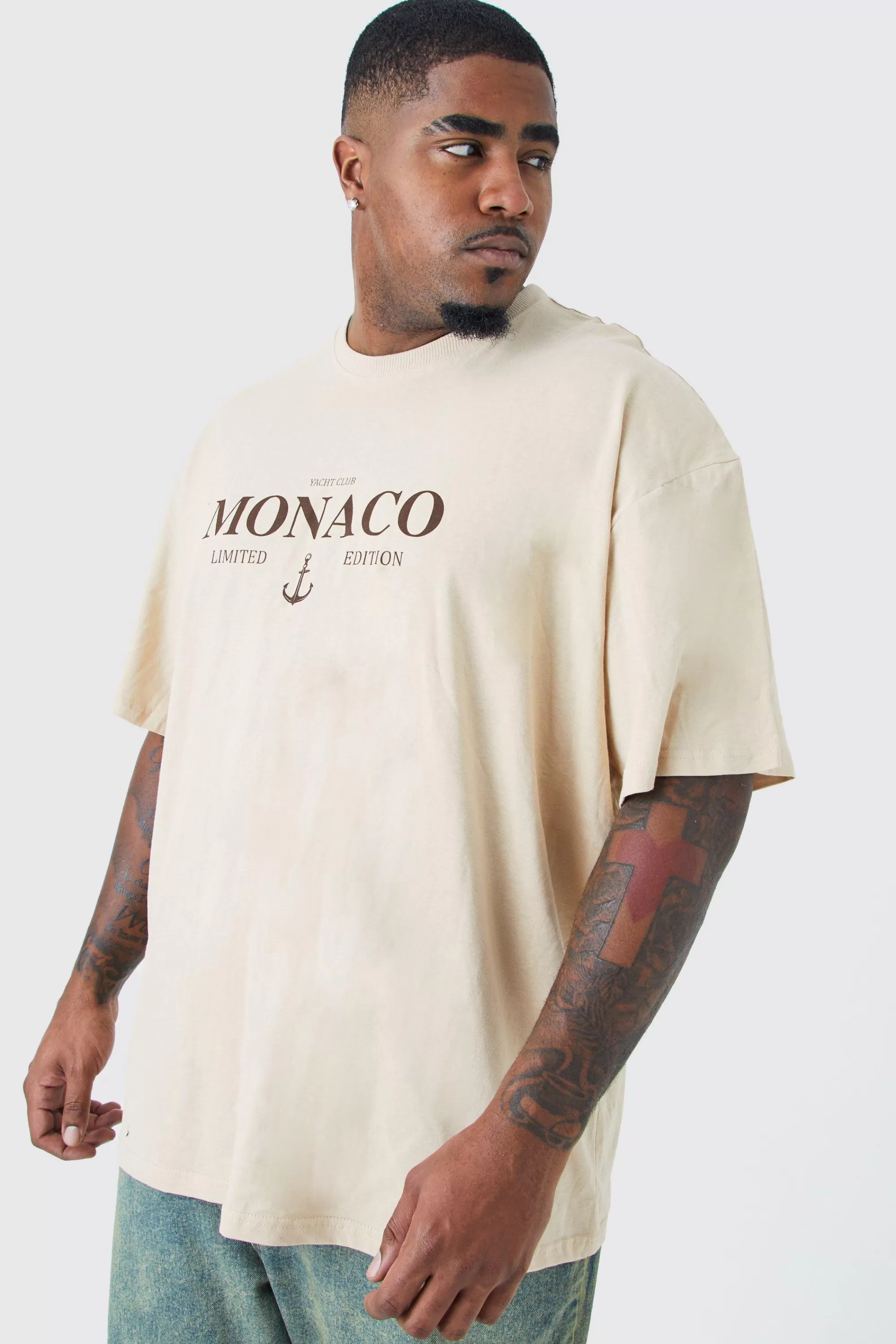 boohooMAN Plus Oversized Monaco Limited Edition T-shirt | UK sand Cheap