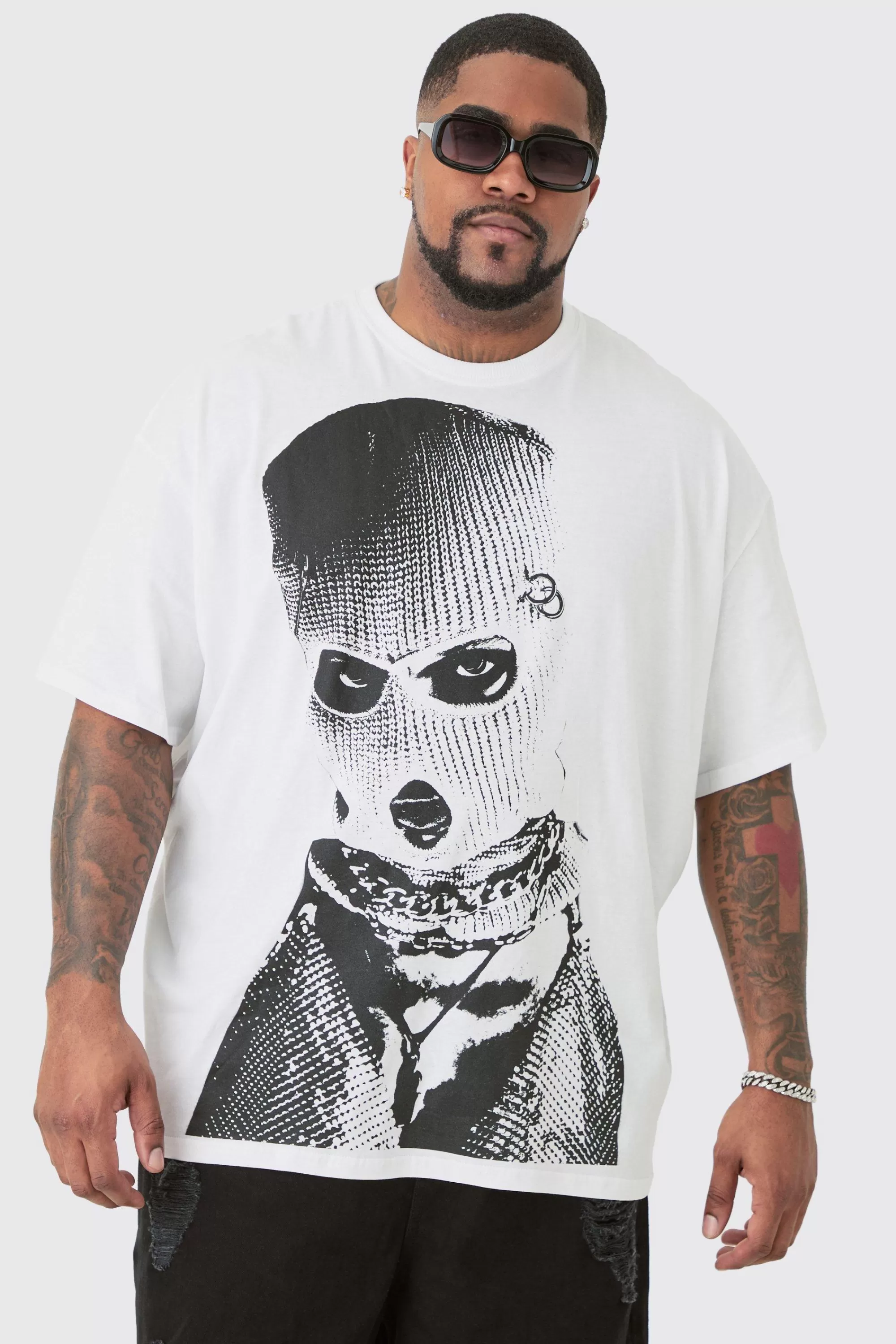 boohooMAN Plus Oversized Mono Balaclava Print T-shirt In | UK white Sale