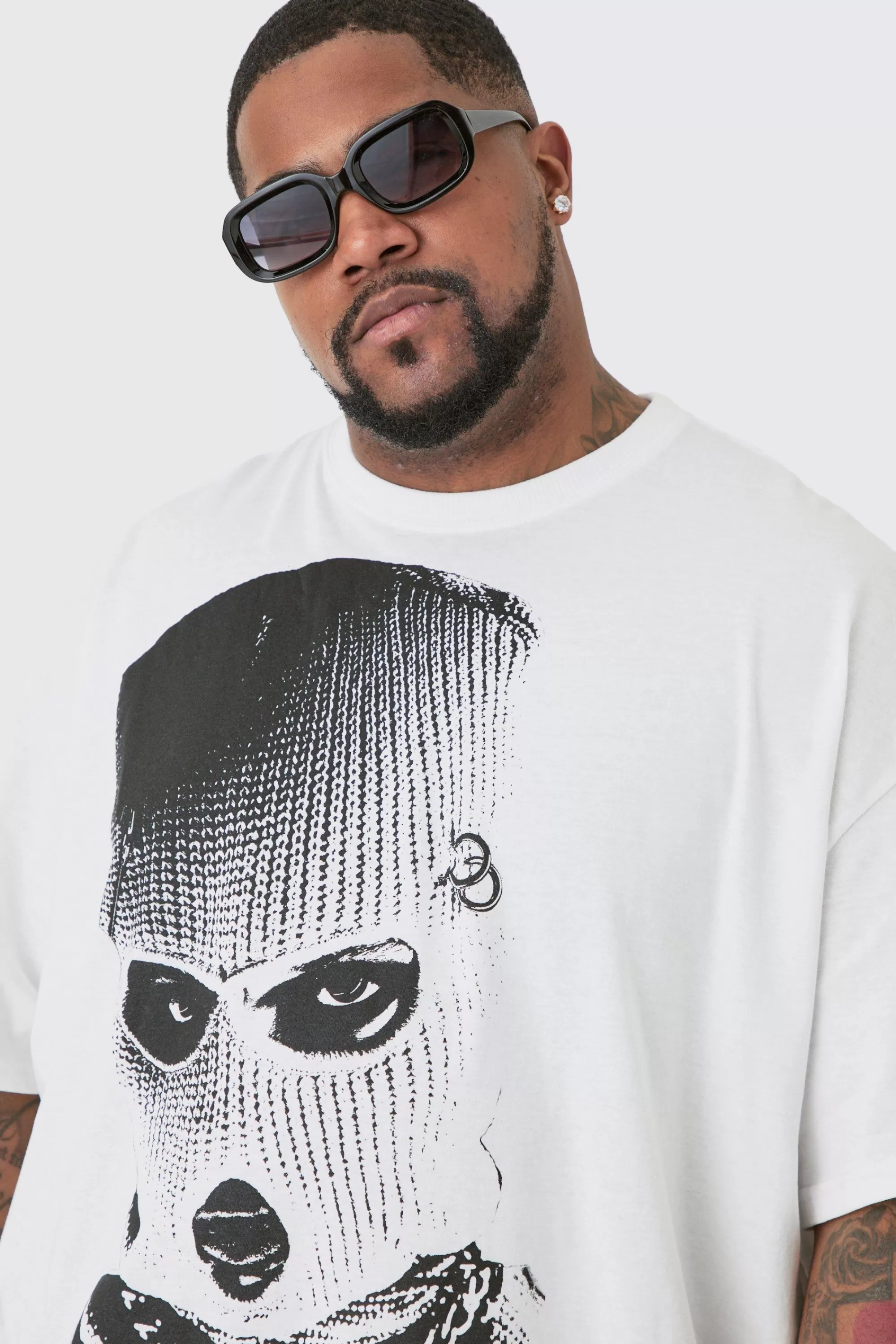 boohooMAN Plus Oversized Mono Balaclava Print T-shirt In | UK white Sale