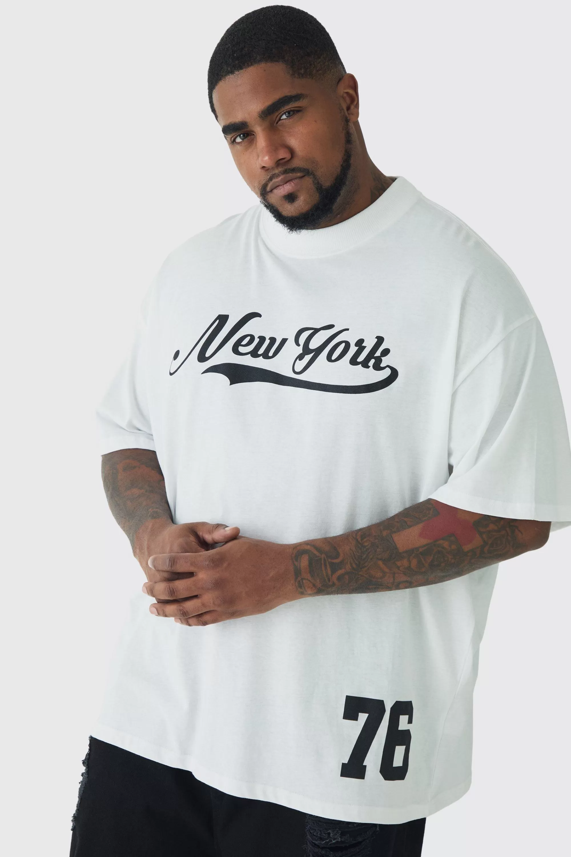 boohooMAN Plus Oversized New York Varsity Print T-shirt | UK white Outlet