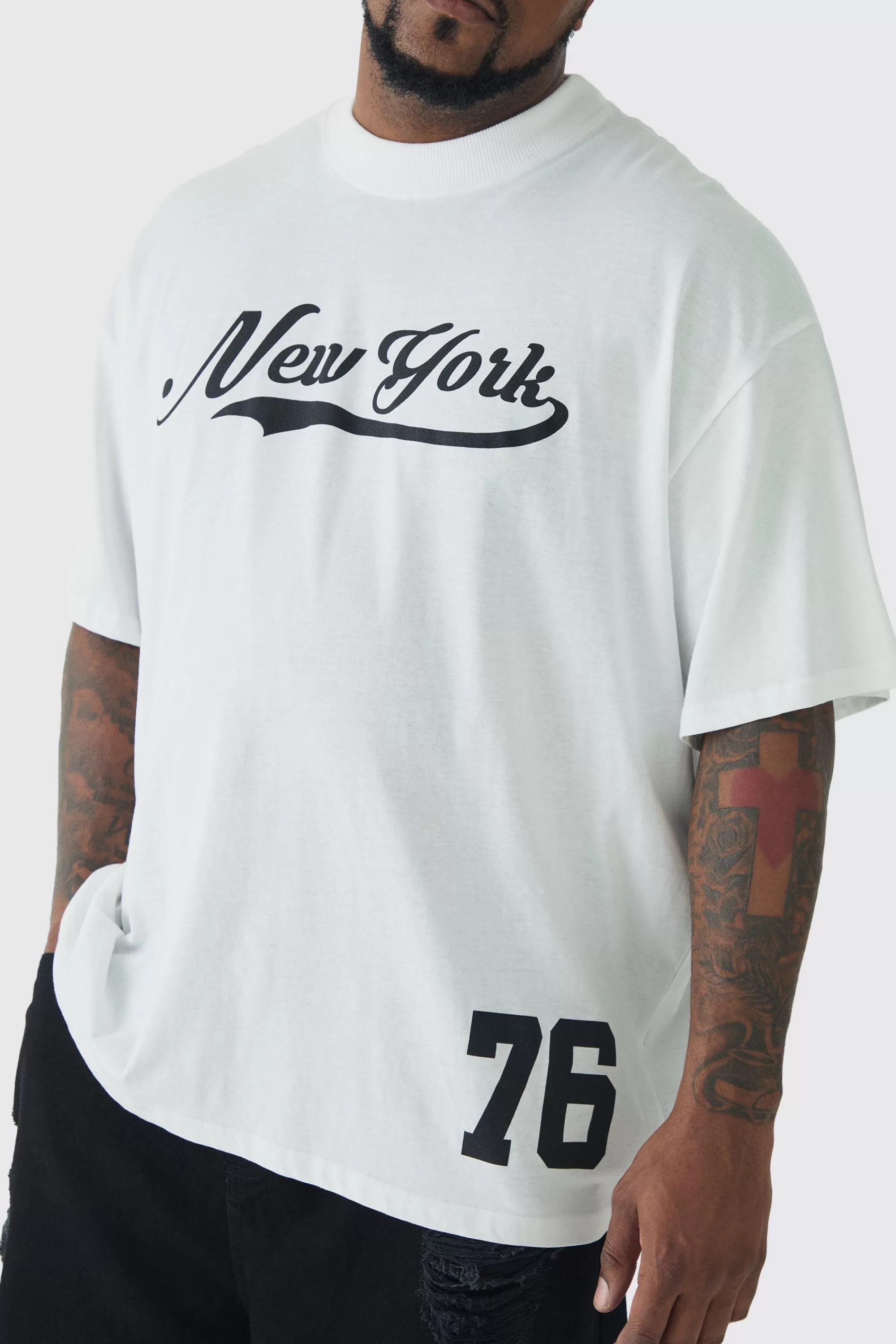 boohooMAN Plus Oversized New York Varsity Print T-shirt | UK white Outlet