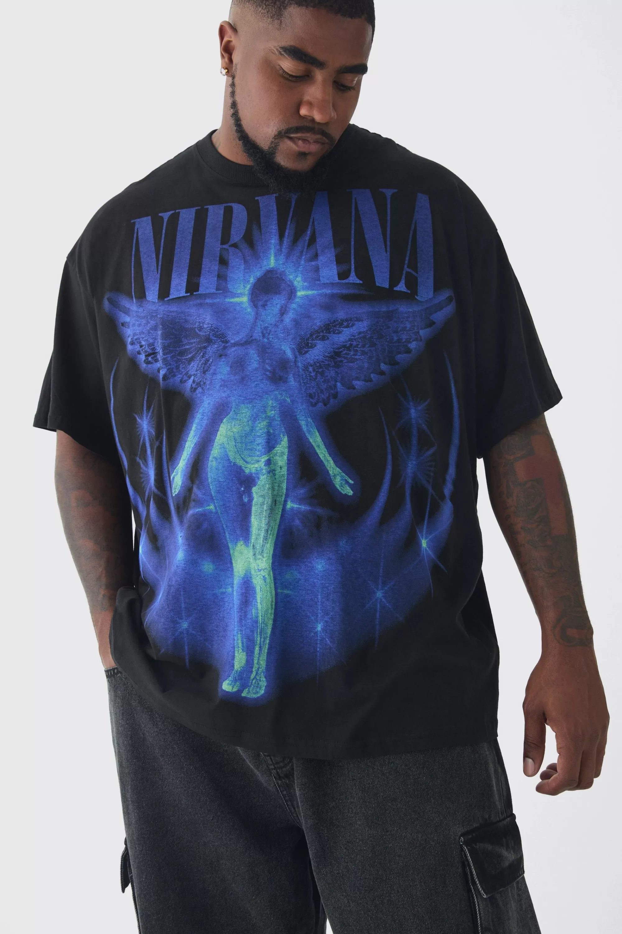 boohooMAN Plus Oversized Nirvana Over Seams License Print T-Shirt | UK black Fashion