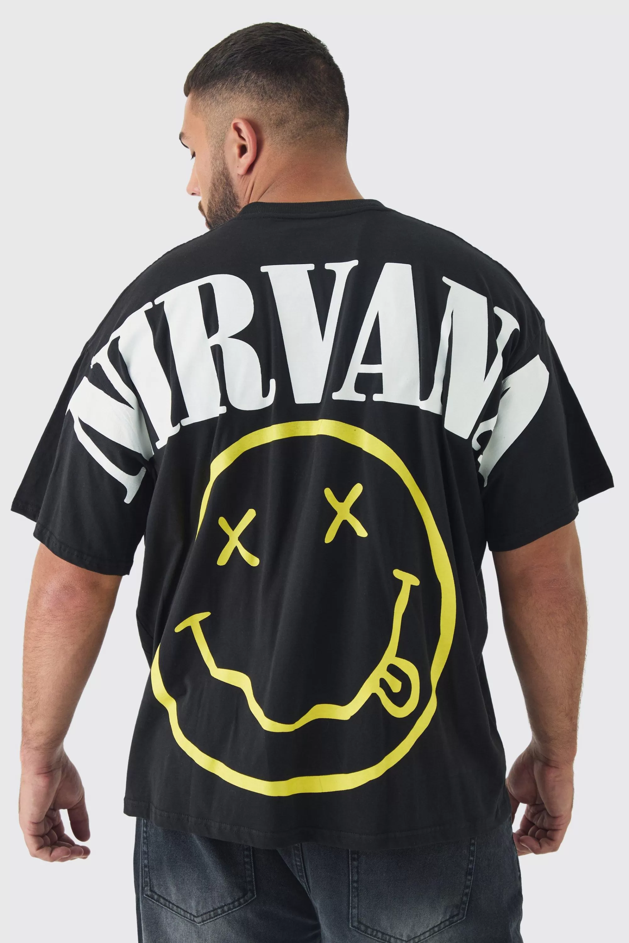 boohooMAN Plus Oversized Nirvana Over Seams License Print T-Shirt | UK black Best