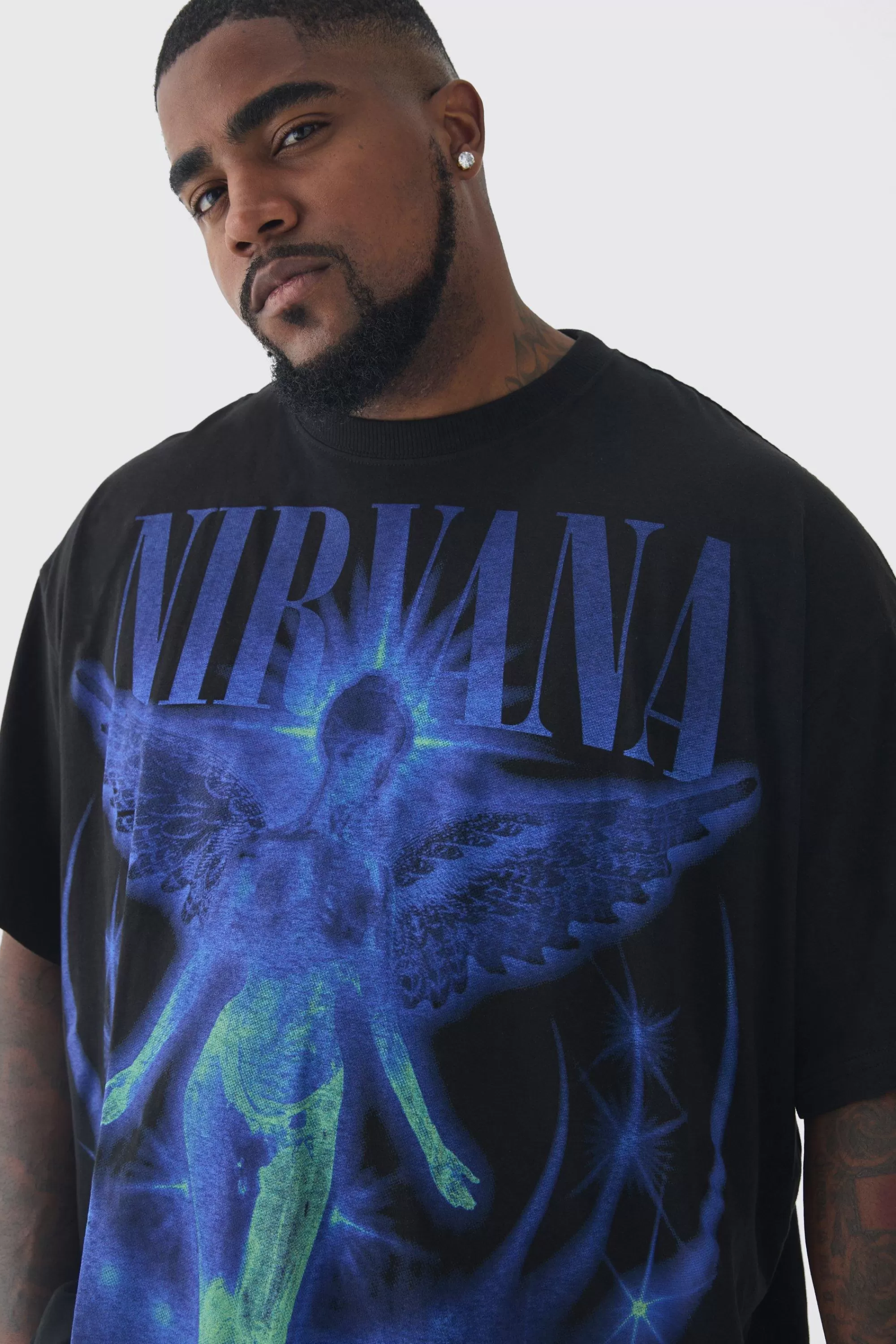 boohooMAN Plus Oversized Nirvana Over Seams License Print T-Shirt | UK black Fashion