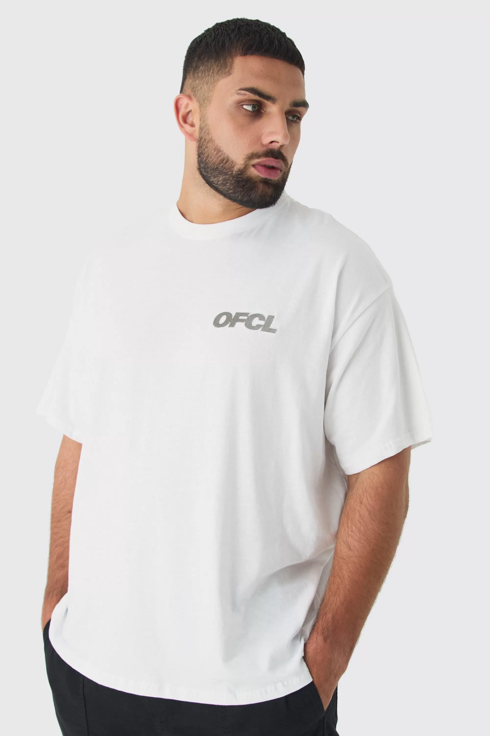 boohooMAN Plus Oversized OFCL Embroidered T-shirt In White | UK grey Fashion