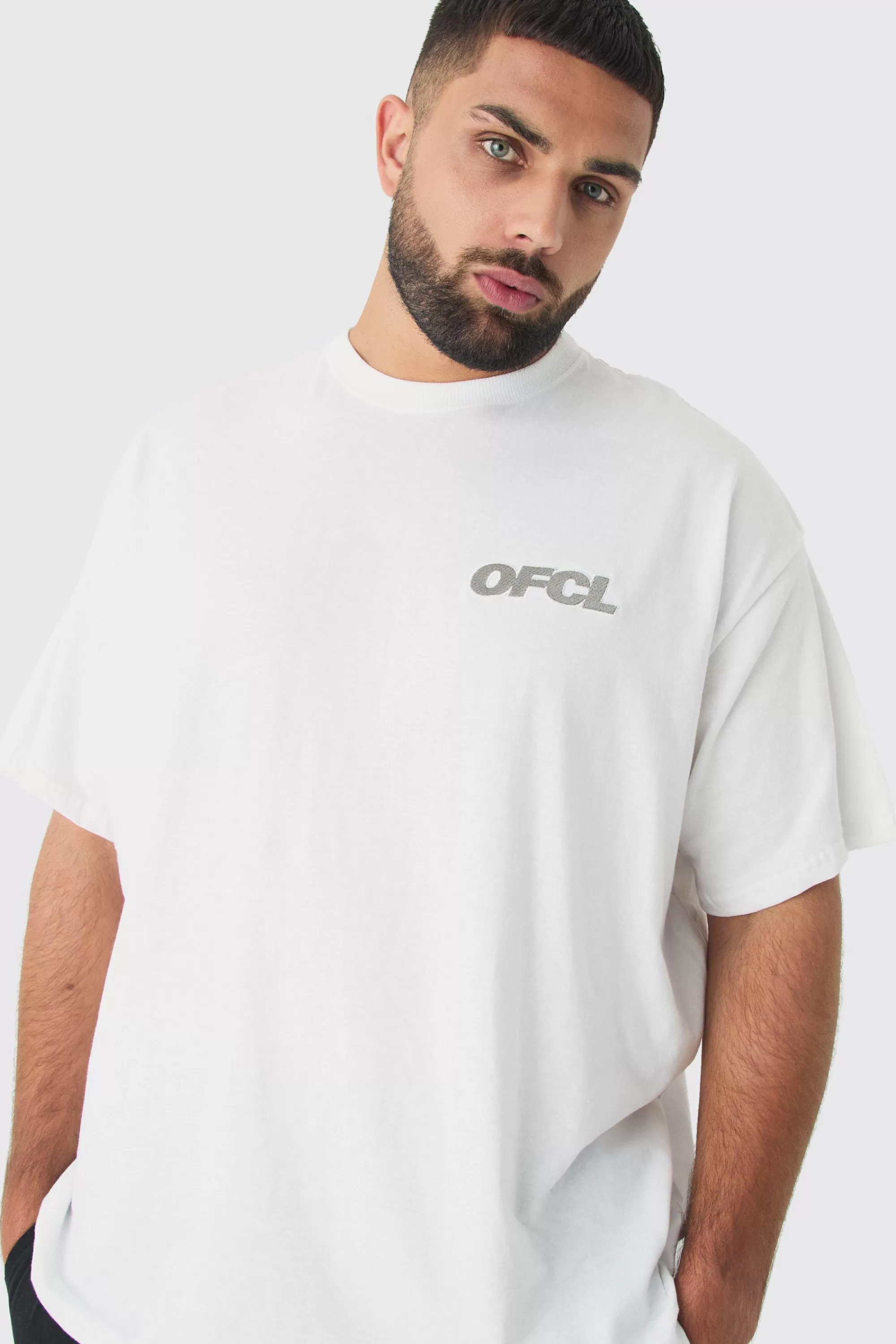 boohooMAN Plus Oversized OFCL Embroidered T-shirt In White | UK grey Fashion