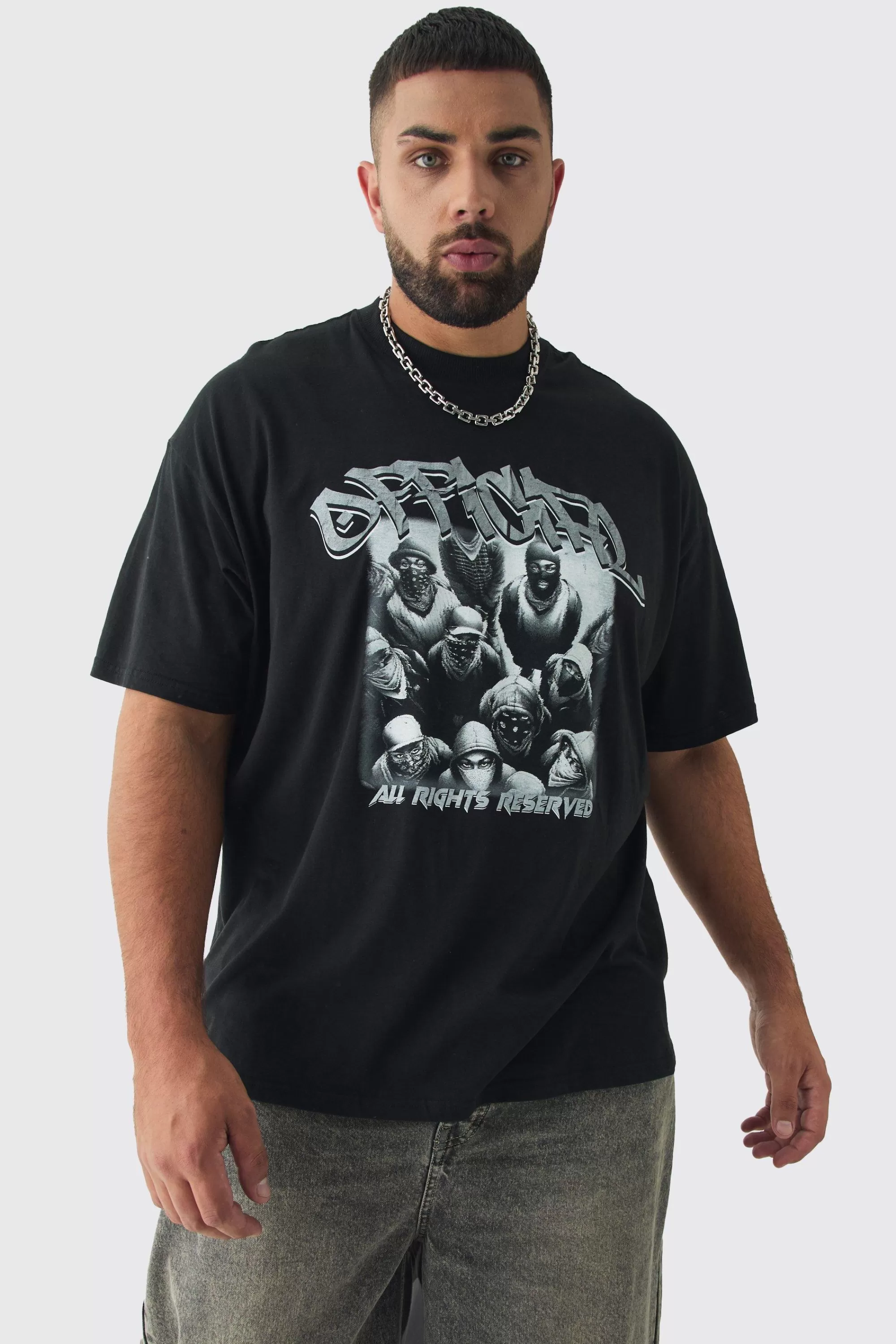 boohooMAN Plus Oversized Official Balaclava Print T-Shirt | UK black New