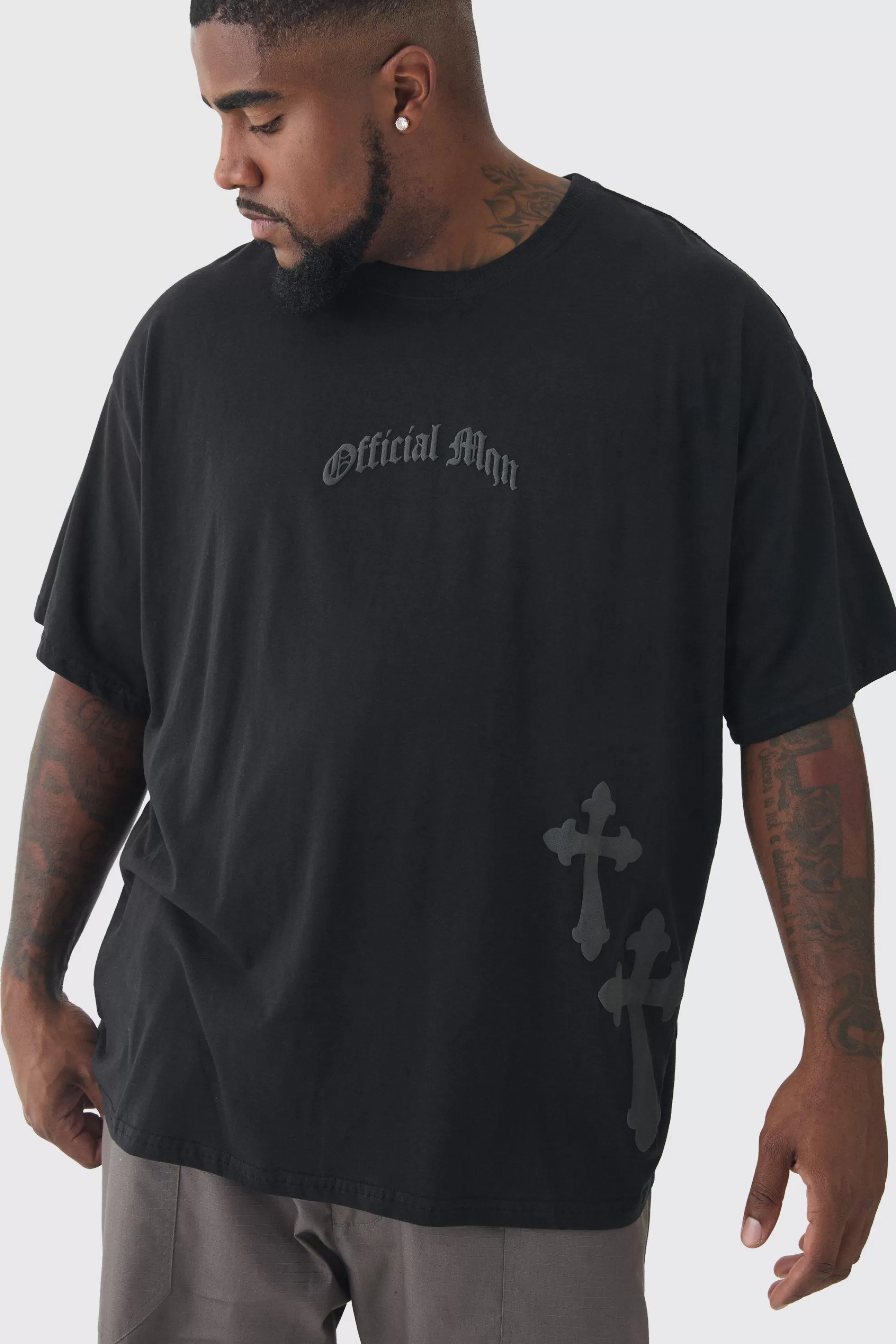 boohooMAN Plus Oversized Official Man Cross Puff Print T-Shirt | UK black Sale